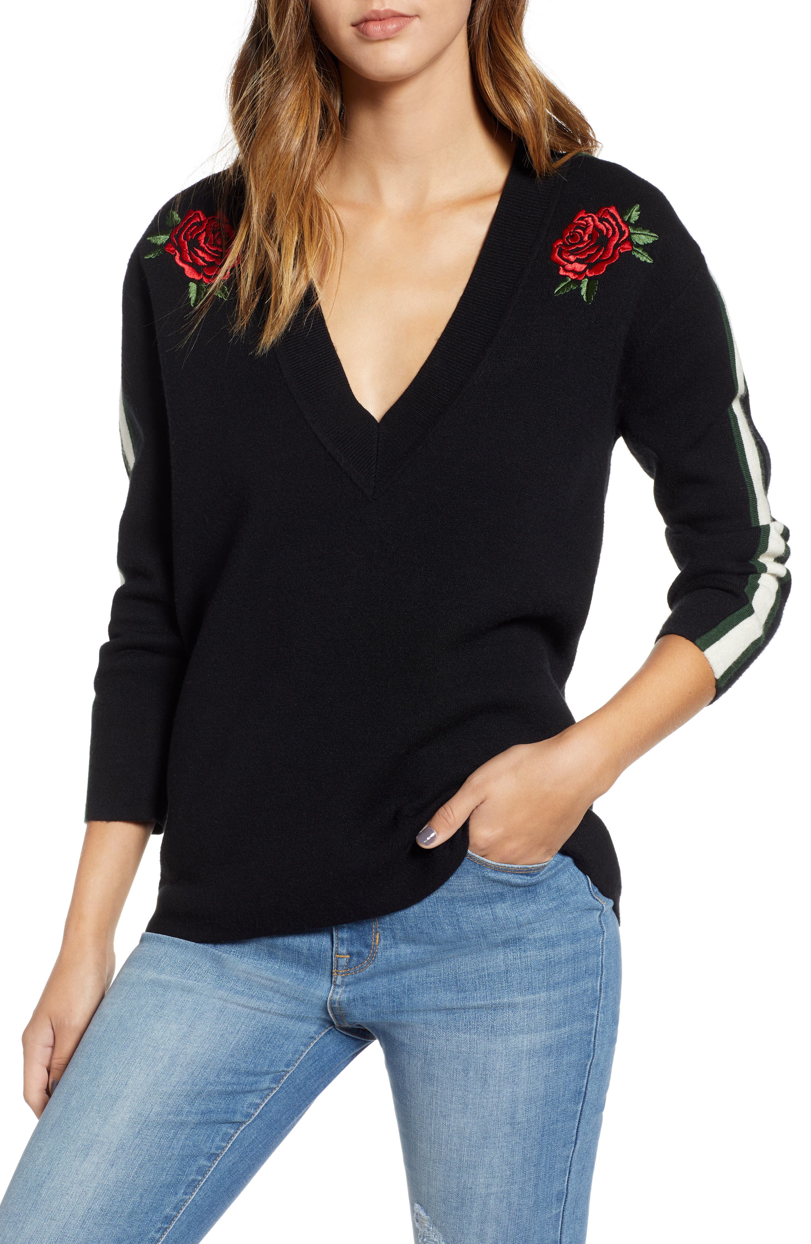 Kendall + Kylie Oversize V-Neck Top, Black
