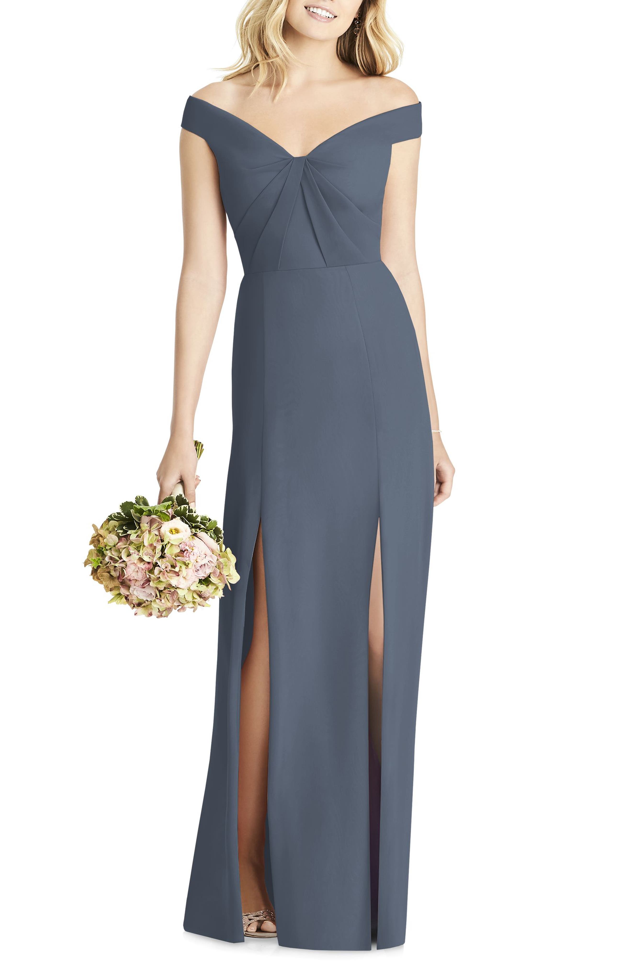 Social Bridesmaids Off The Shoulder Chiffon Gown, Grey