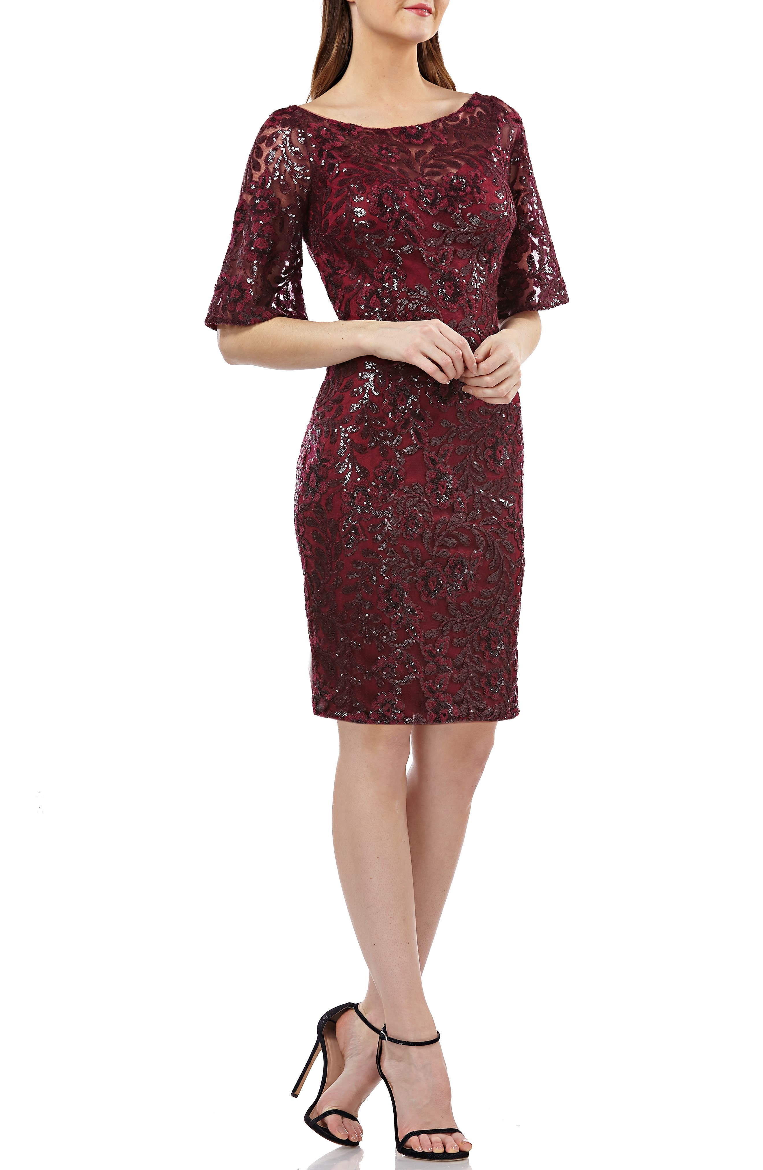 Carmen Marc Valvo Infusion V-Back Sequin Lace Cocktail Dress, Burgundy