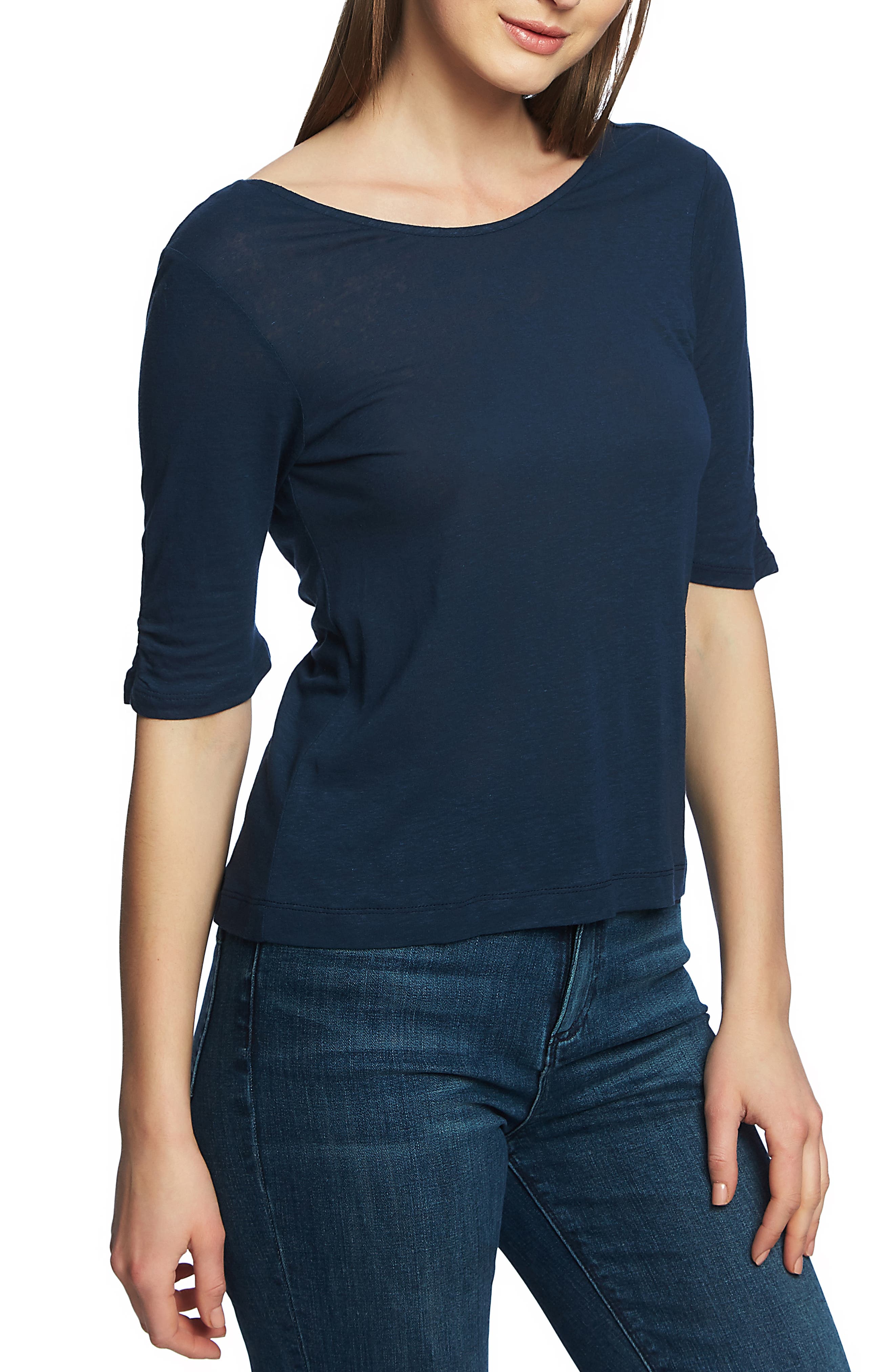 1.state Knot Back Linen Blend Tee, Blue