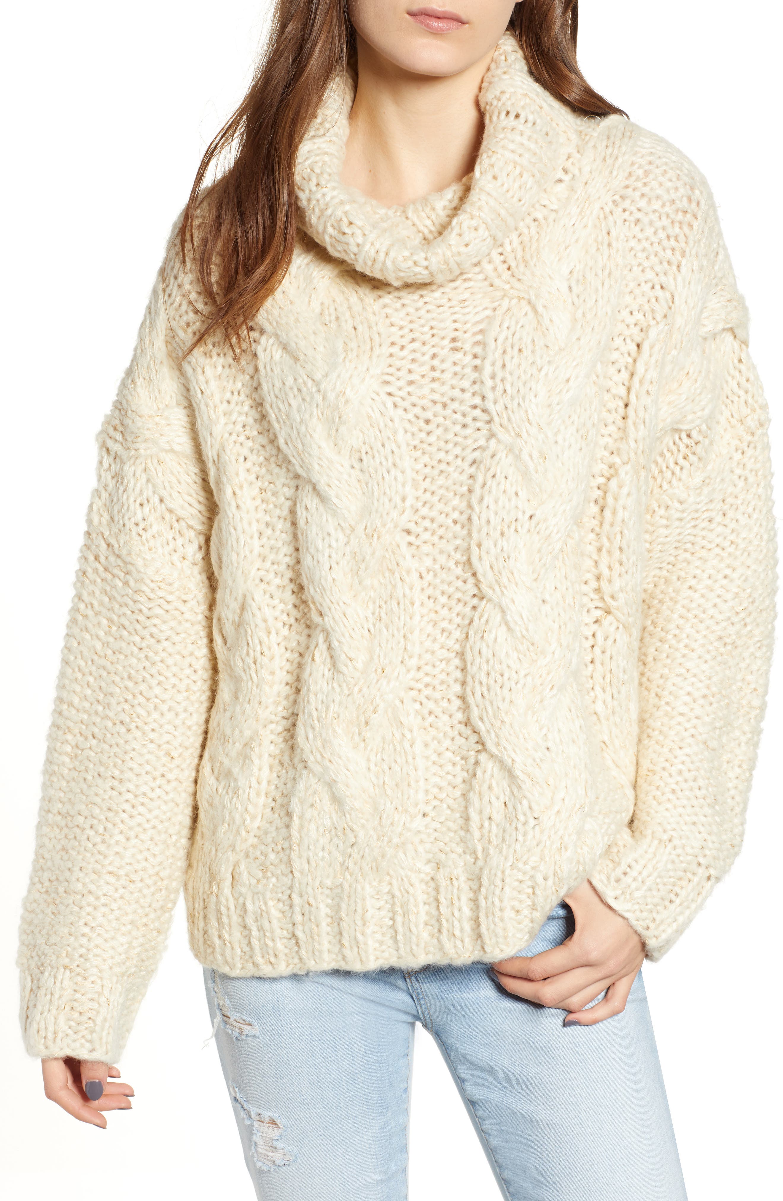 Cable Knit Turtleneck Sweater,                         Main,                         color, CREAM