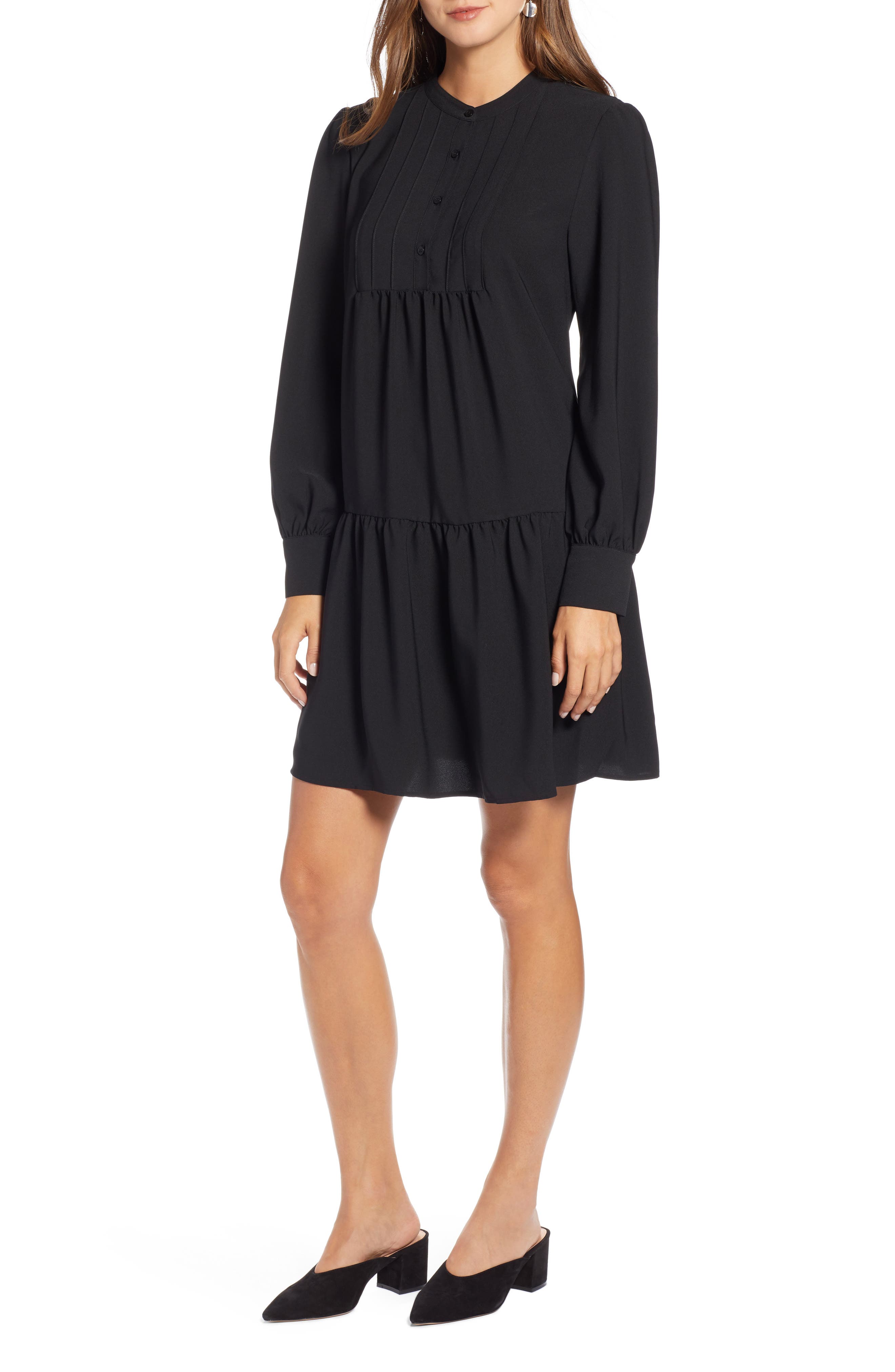 Petite Halogen Pintuck Detail Shift Dress, Black