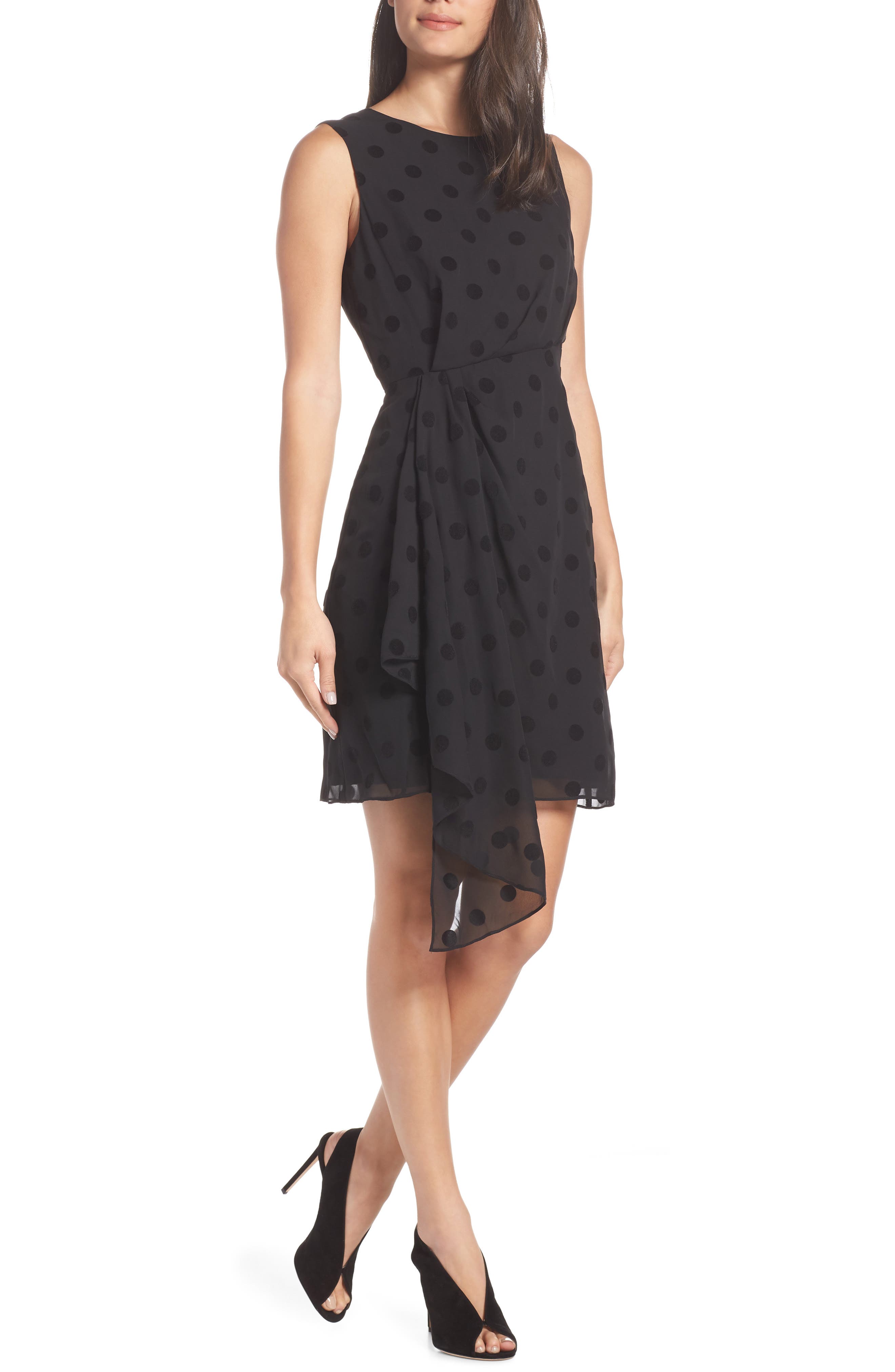 Charles Henry Side Ruched Drape Swiss Dot Dress, Black