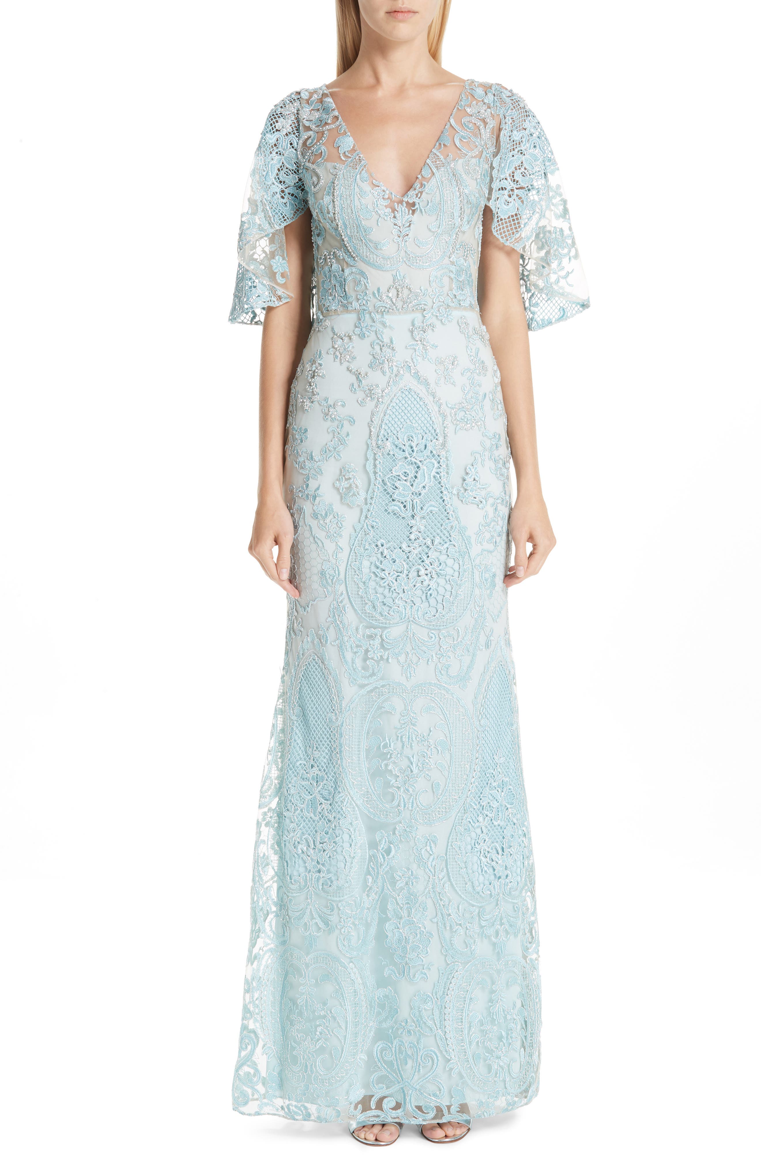 Patbo Flutter Sleeve Beaded Lace Gown, 8 BR - Blue