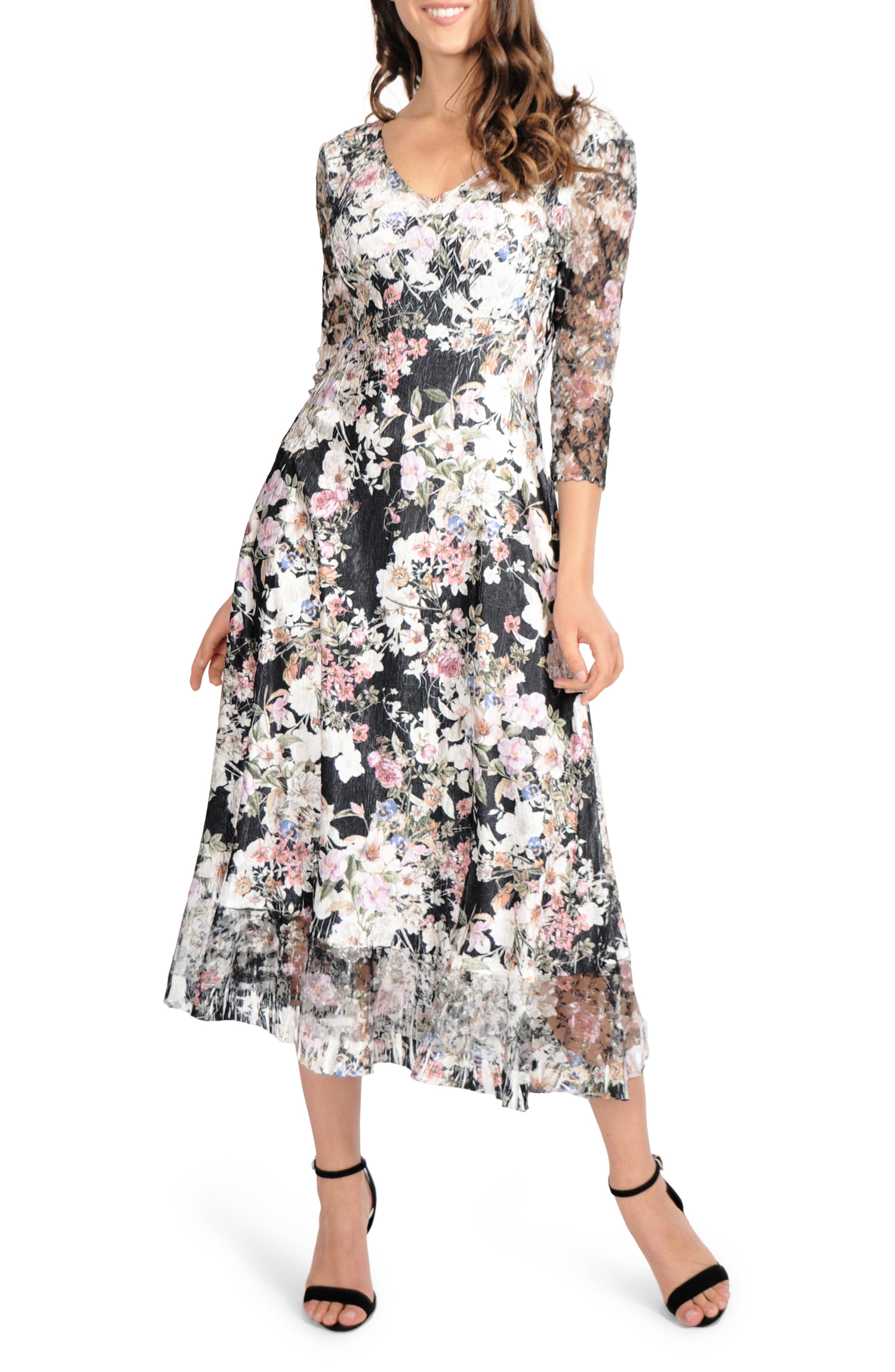 Petite Komarov Lace Sleeve Charmeuse Midi Dress, Black
