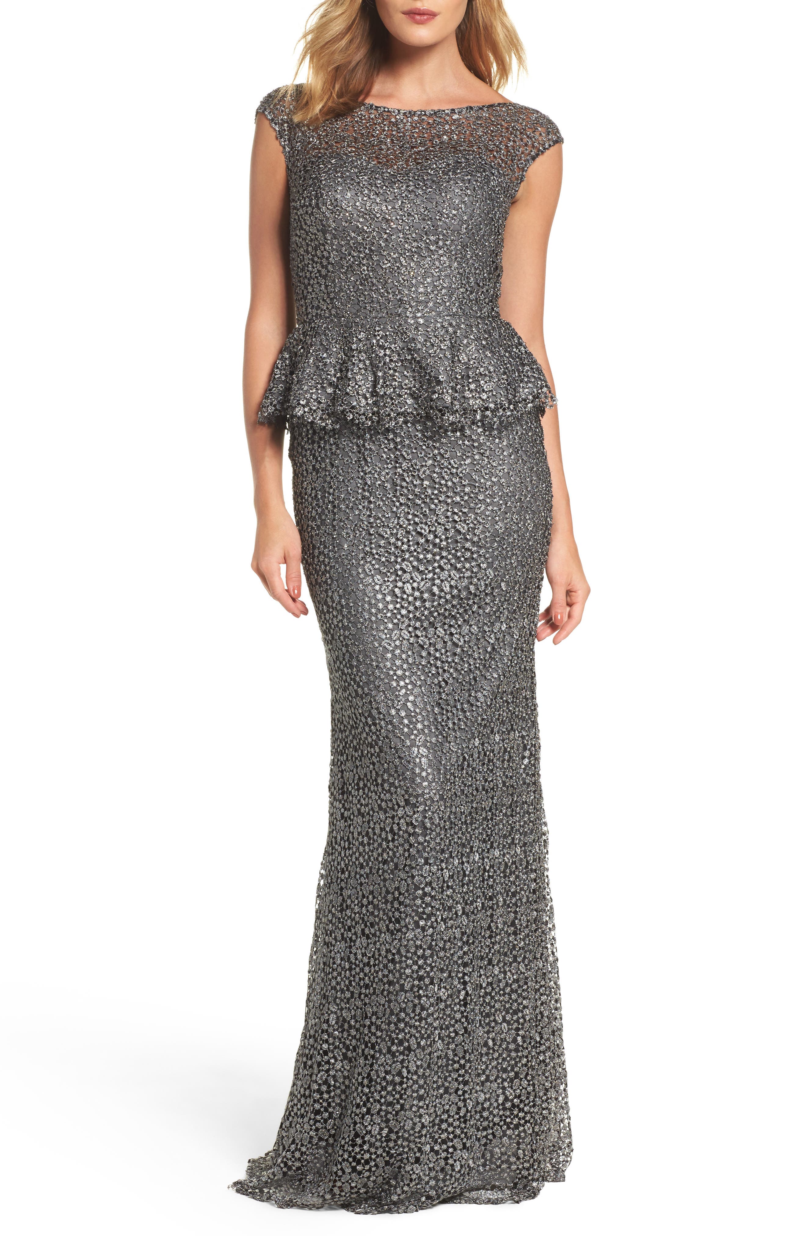 La Femme Embellished Lace Peplum Gown, Grey