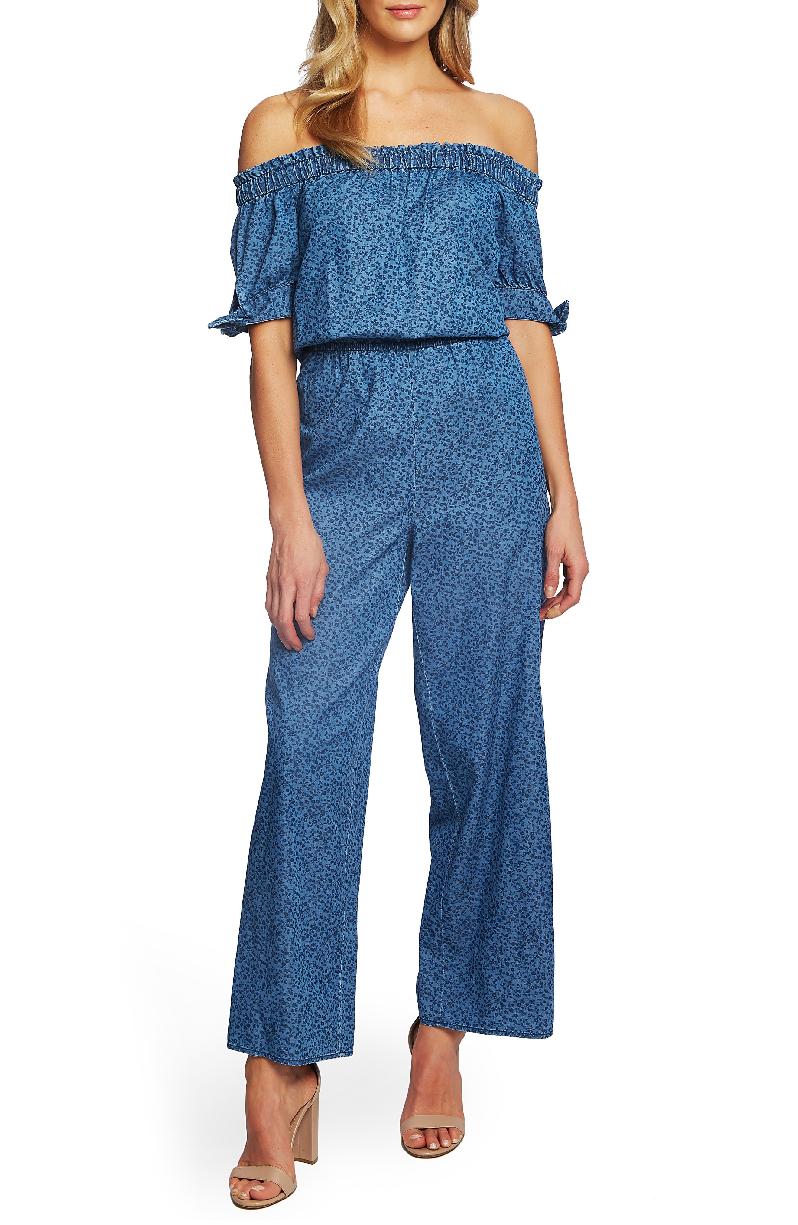 Cece Off The Shoulder Wide Leg Cotton Jumpsuit, Blue