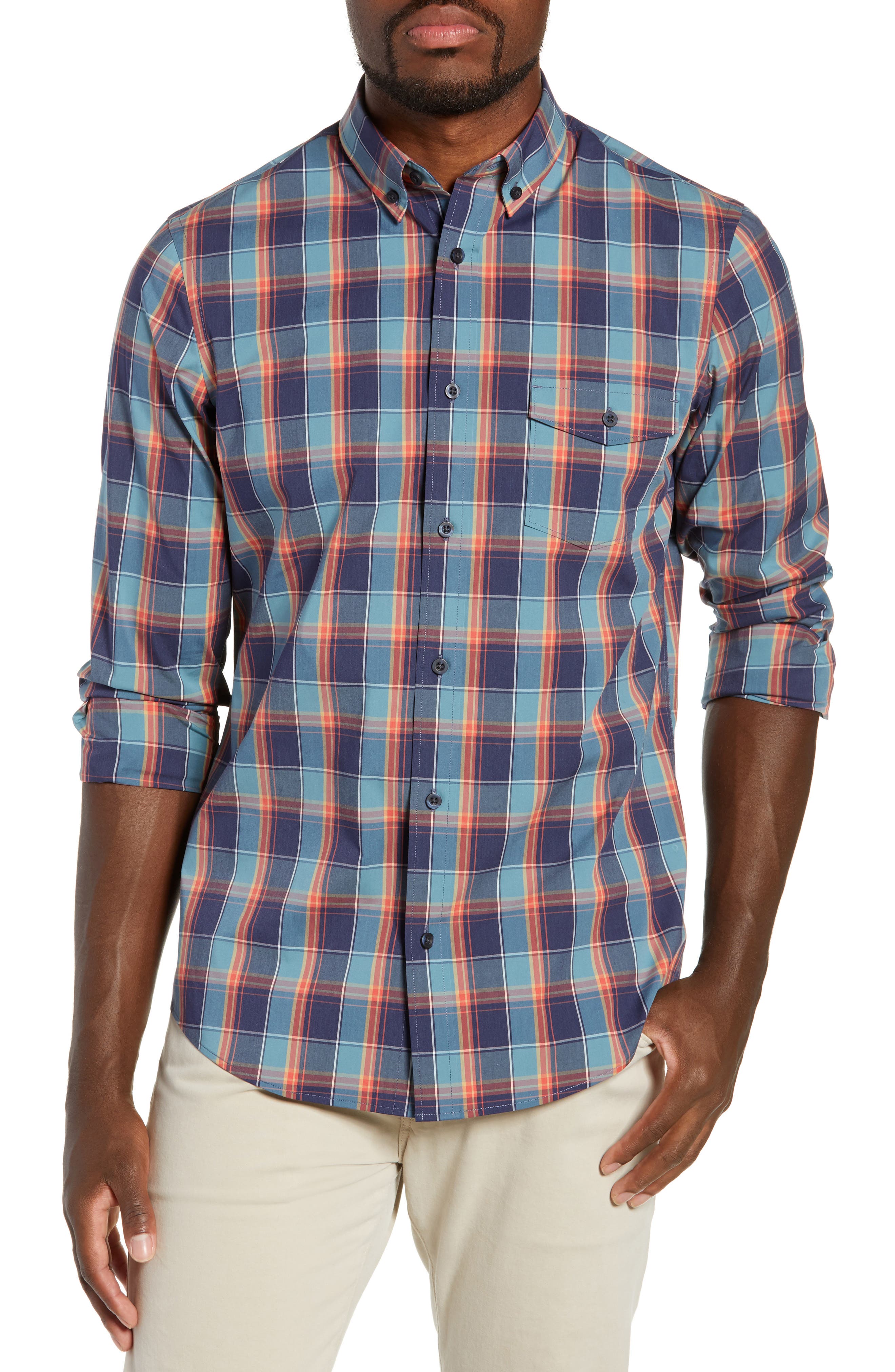 Nordstrom Shop Tech-Smart Regular Fit Plaid Sport Shirt, Blue