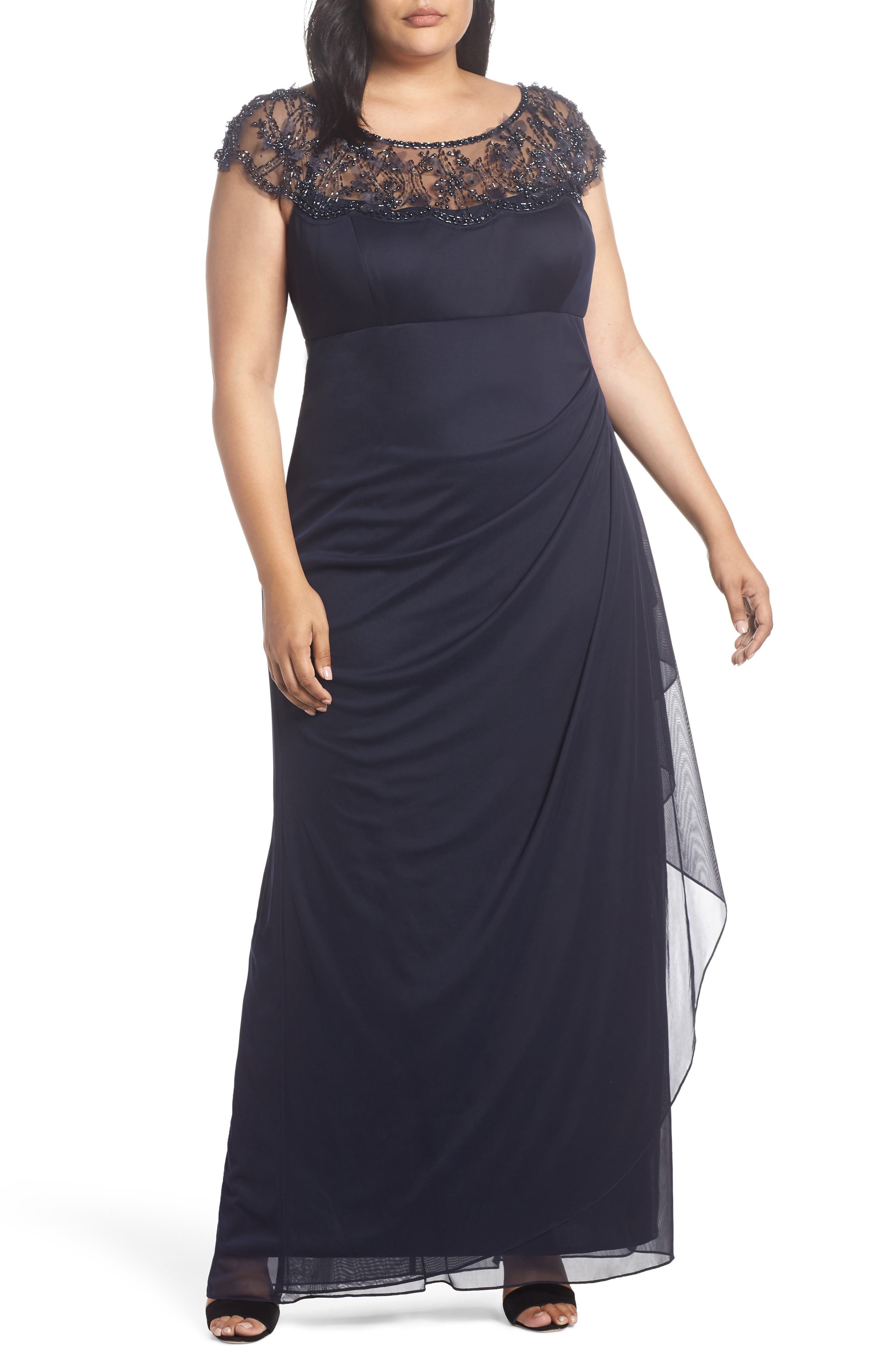 Plus Size Xscape Ruched Side Beaded Gown, Blue