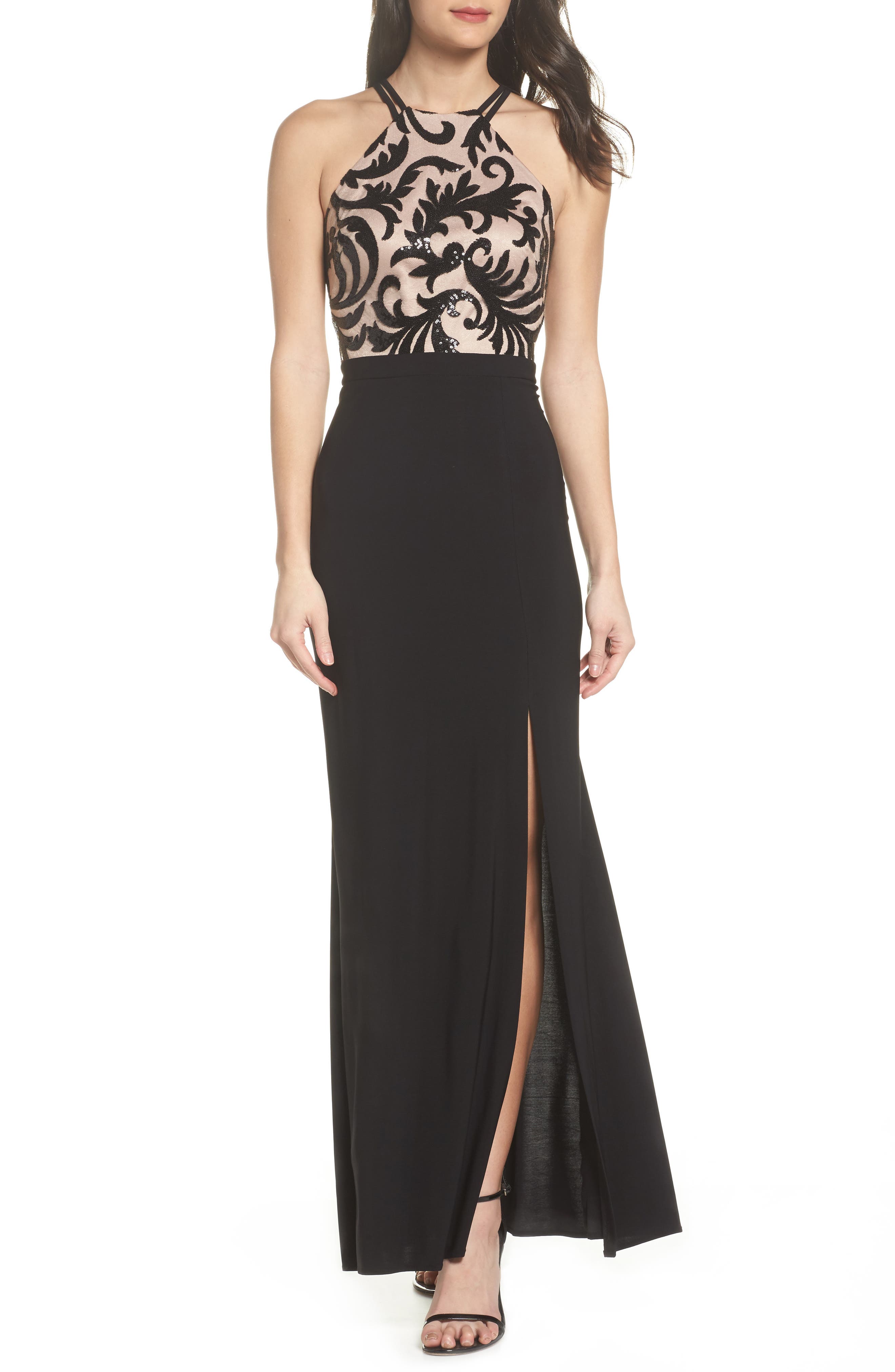 Morgan & Co. Sequin Embroidered Stretch Knit Gown - Black