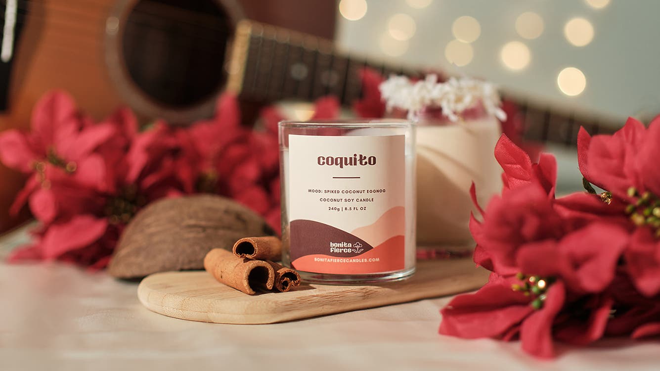 A Bonita Fierce candle on a table.