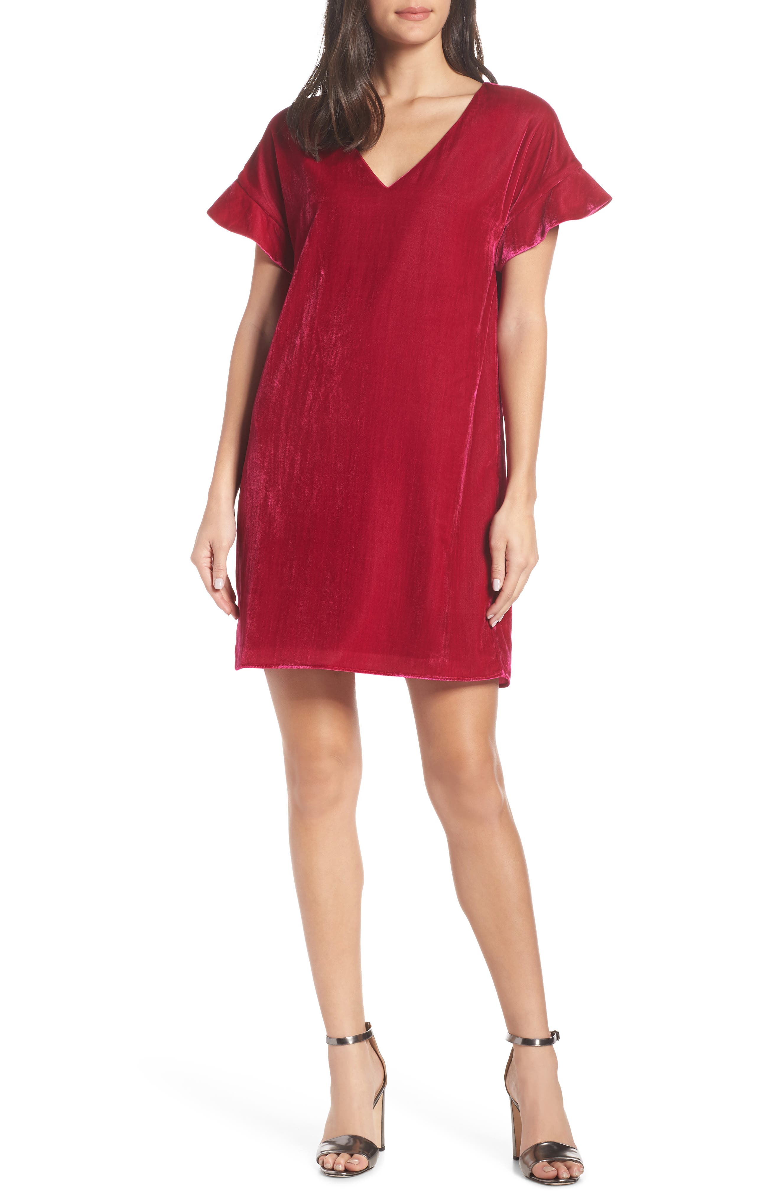 Charles Henry V-Neck Velvet Shift Dress, Pink