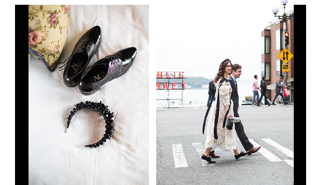 The patent Oxford shoes and Simone Rocha headband the bride wore.
The bride and groom walk across a crosswalk above Seattle's Pike Place Market.