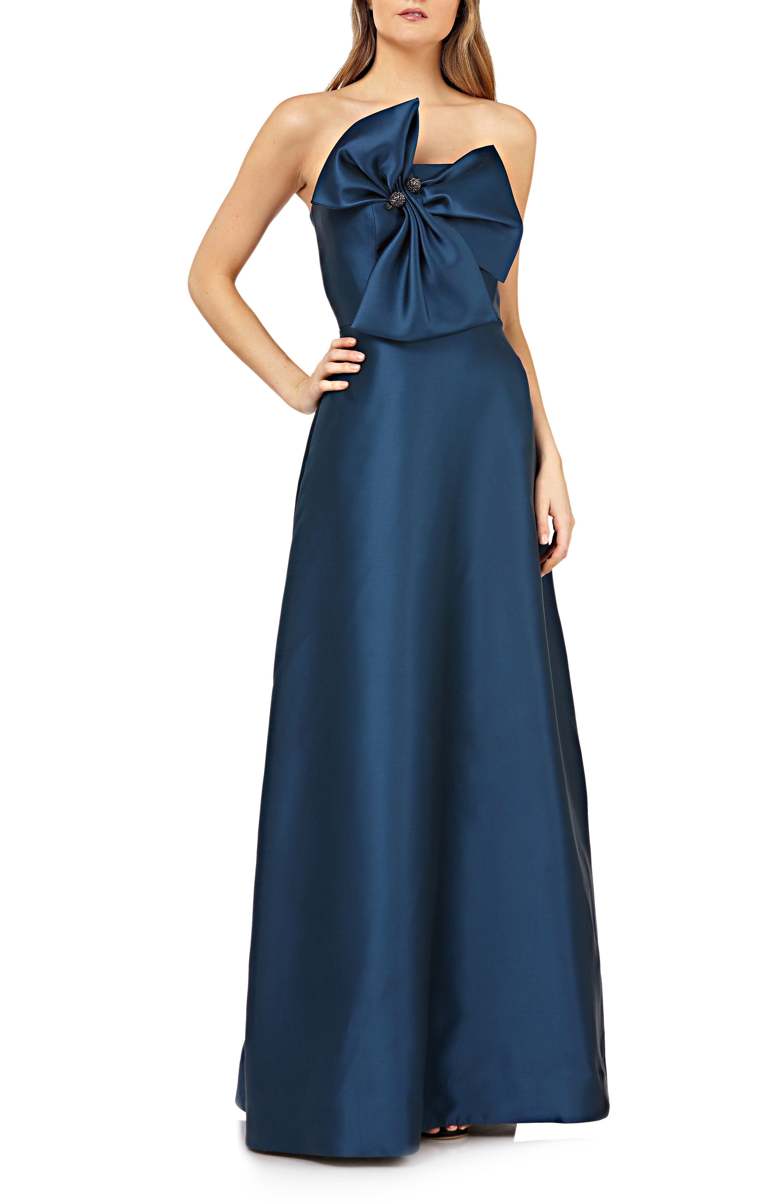 Kay Unger Bow Front Straplles Mikado Evening Dress, Blue