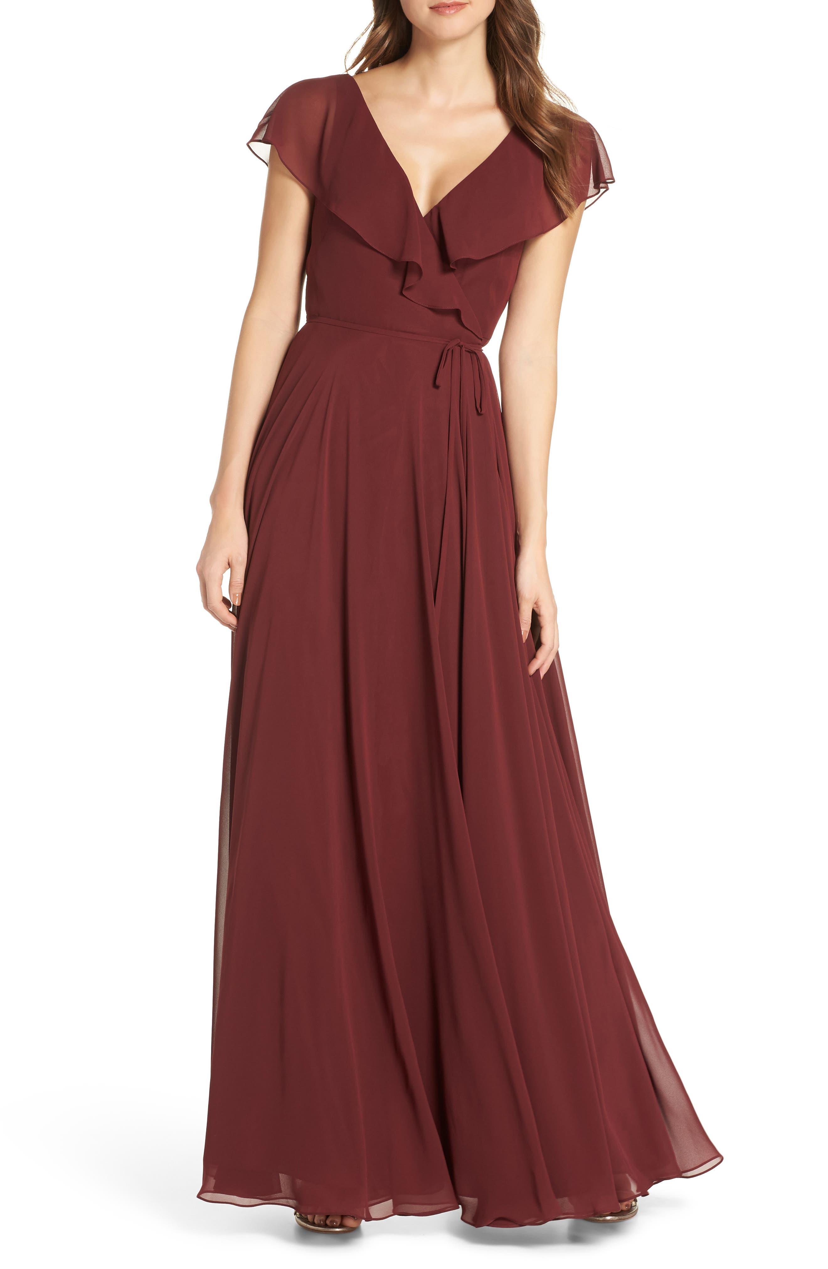 Jenny Yoo Faye Ruffle Wrap Chiffon Evening Dress, Red