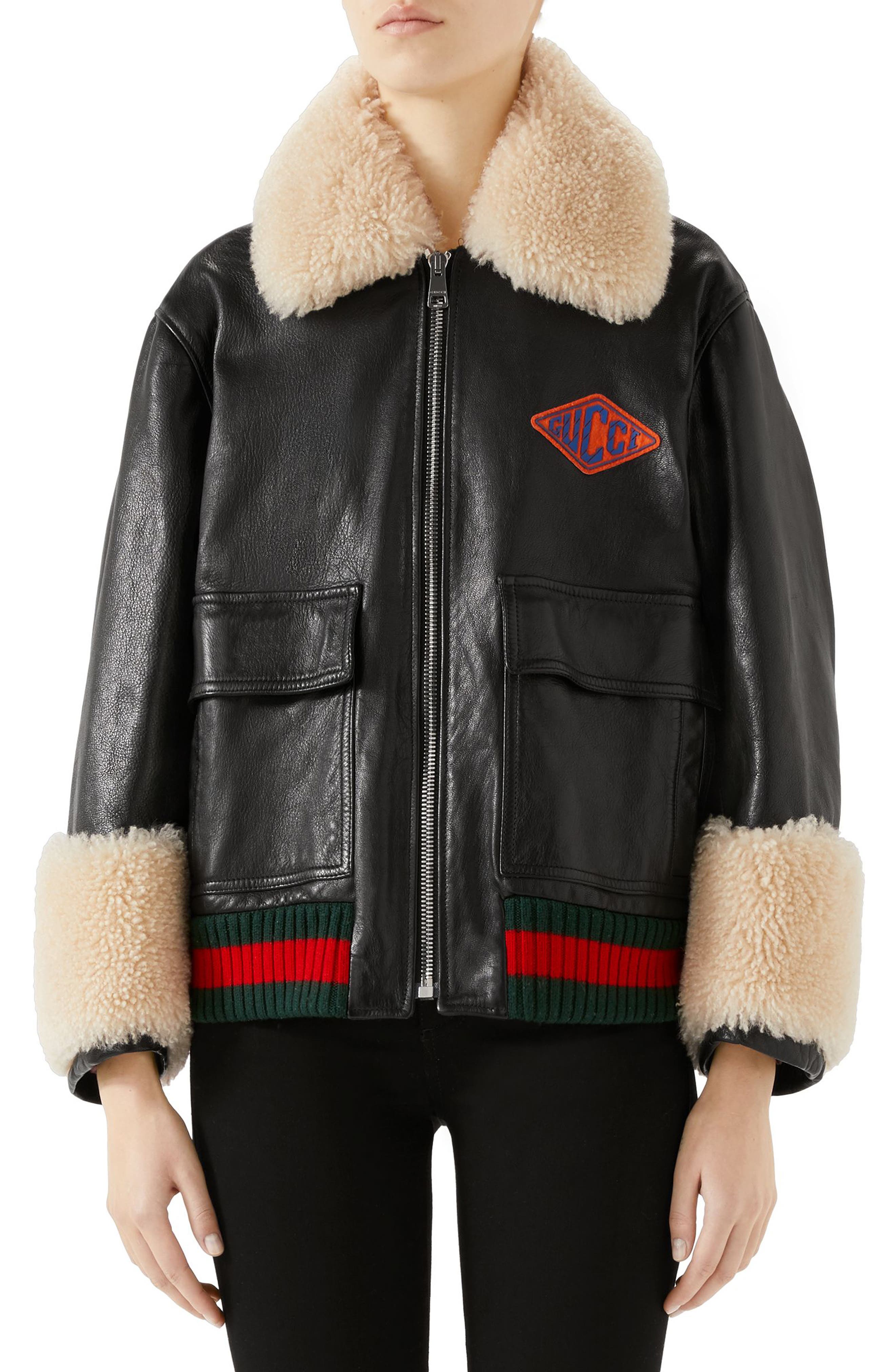 Gucci Genuine Shearling Trim Leather Bomber Jacket, 8 IT - Black
