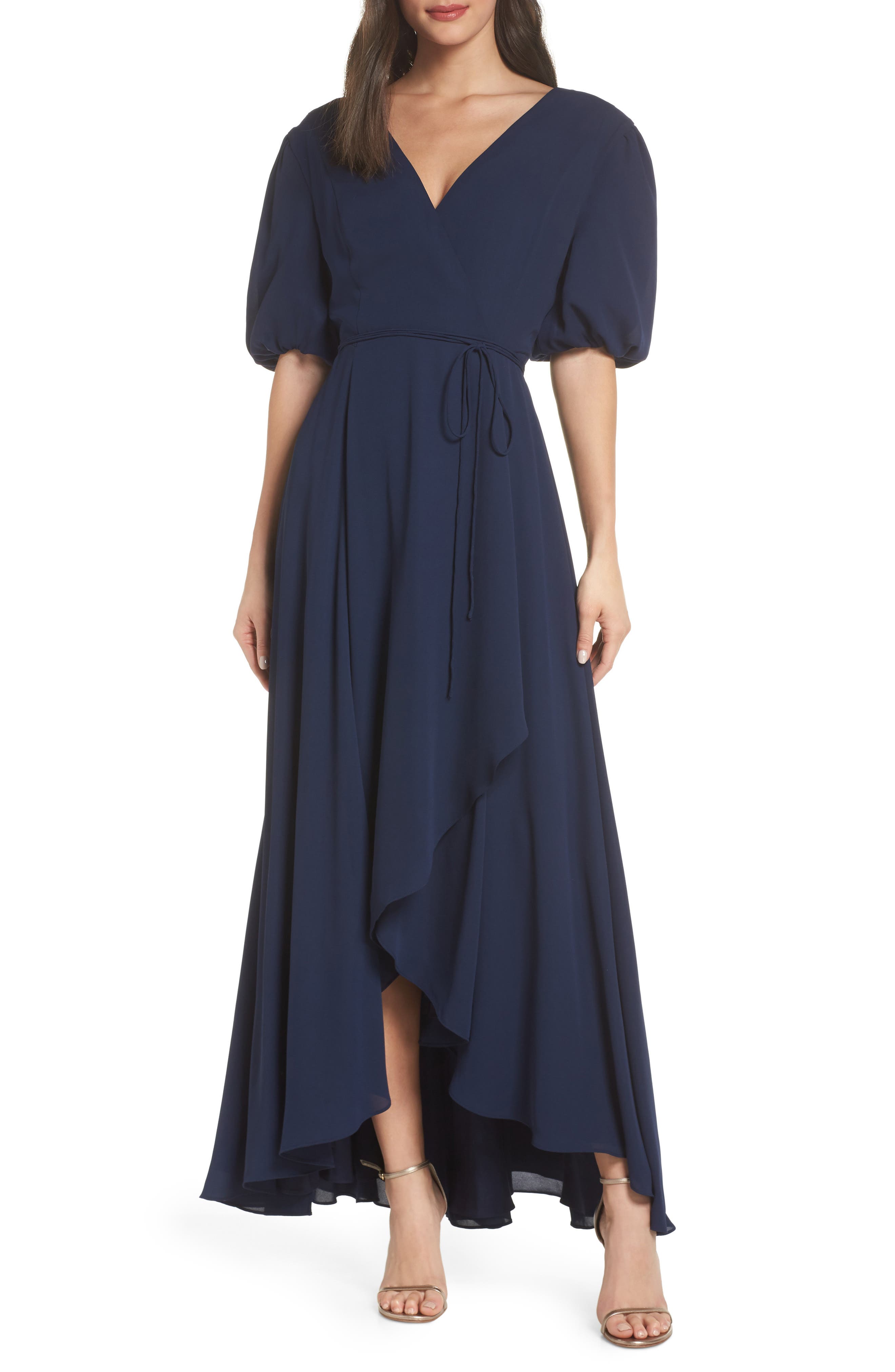 Fame And Partners V-Neck Georgette Wrap Gown, Blue