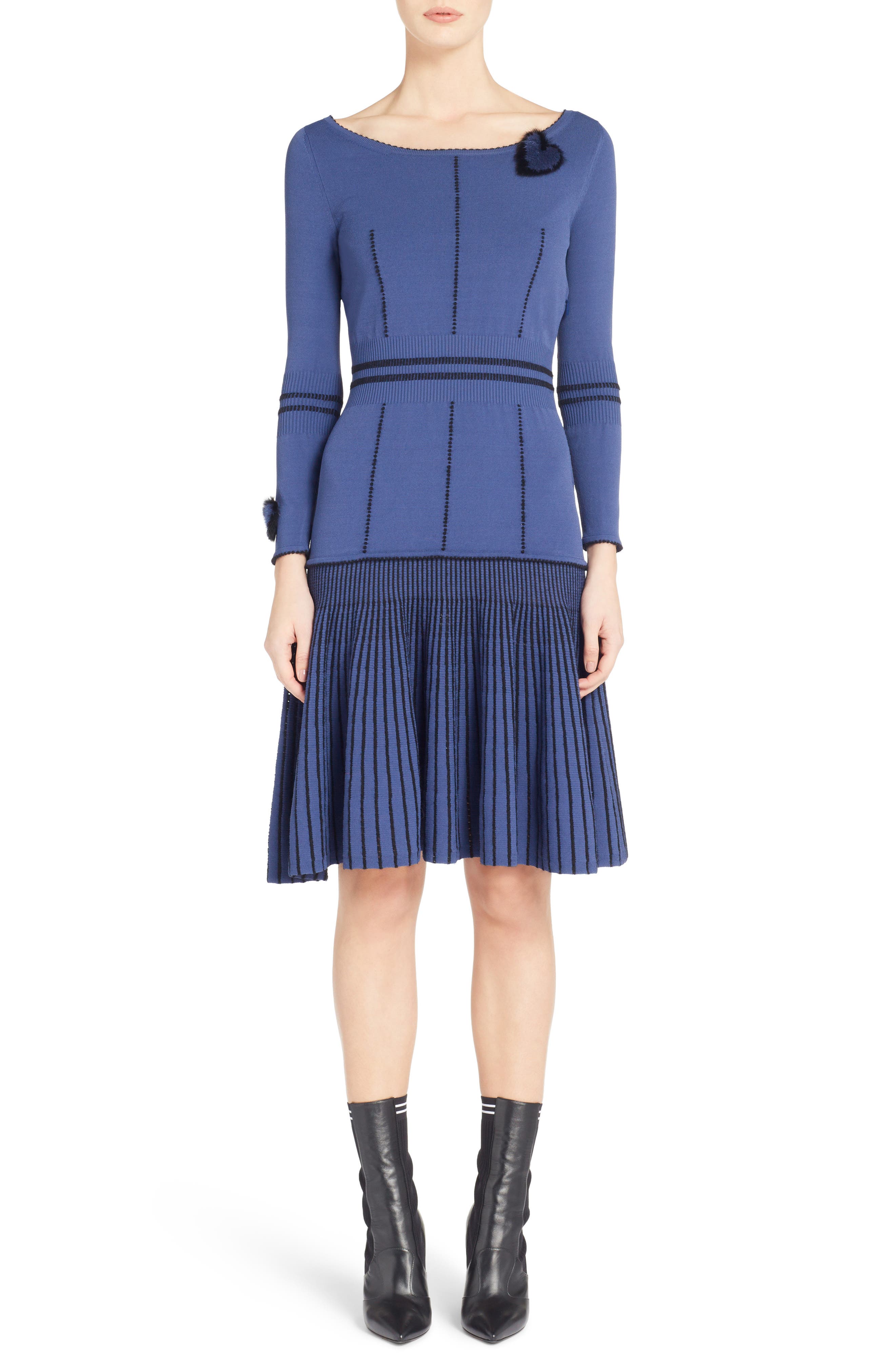 Fendi Knit Drop Waist Dress With Genuine Mink Fur Trim, 8 IT - Blue