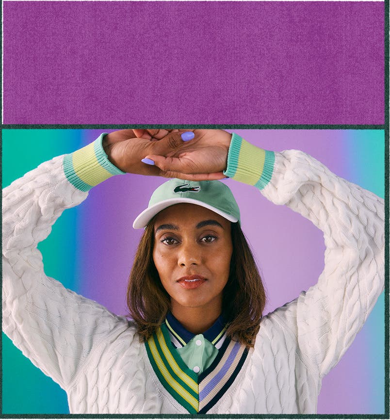 Woman wearing Lacoste tennis clothing and cap.