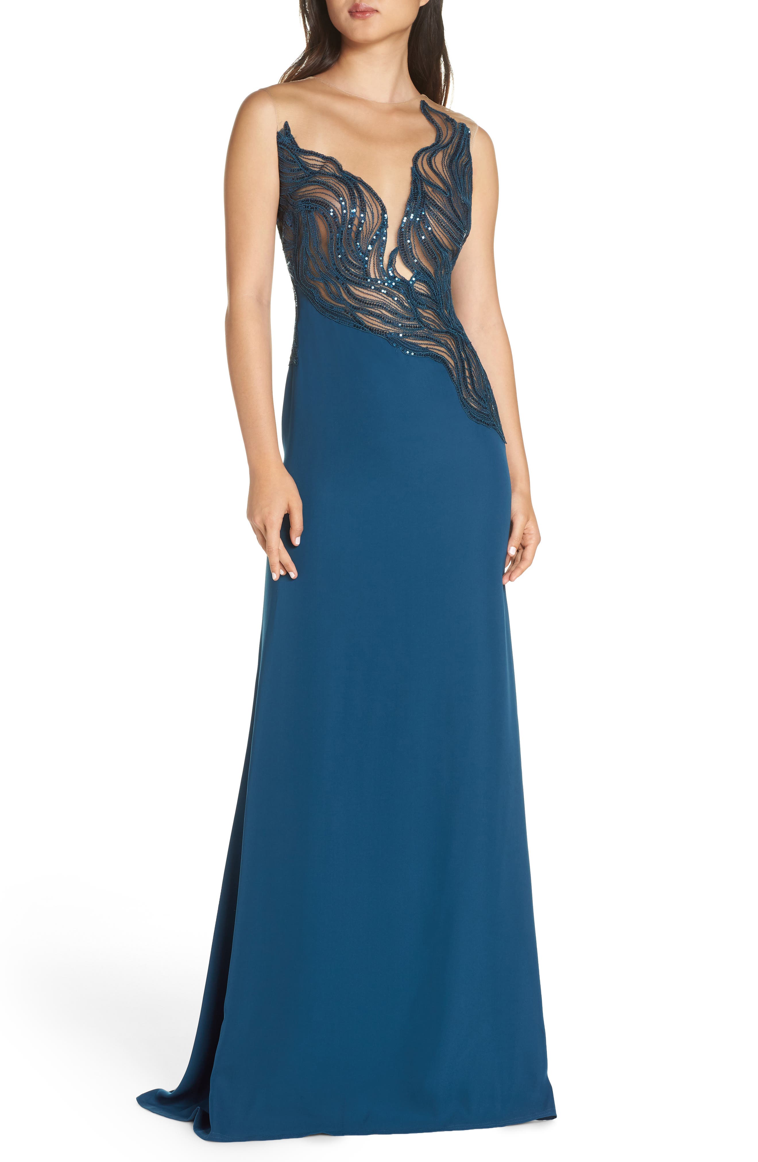 Tadashi Shoji Wave Sequin Illusion Gown, Blue