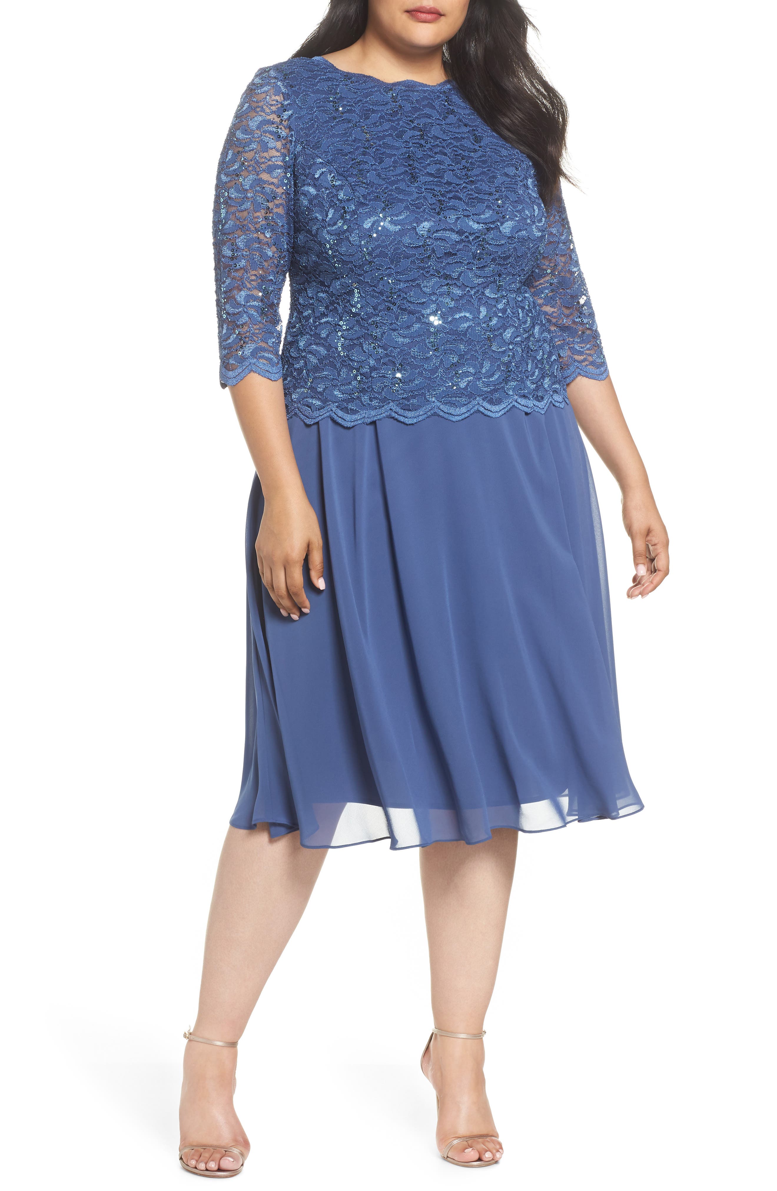 Plus Size Alex Evenings Mock Two-Piece Tea Length Dress, Blue