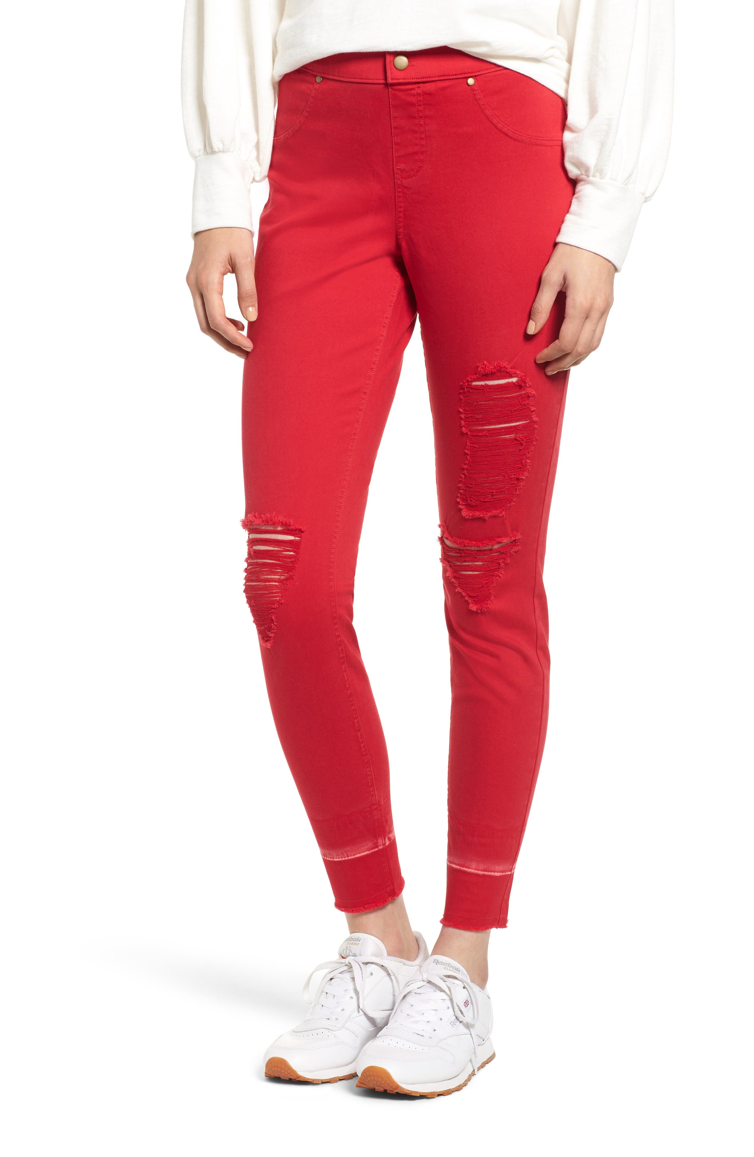 Zeza B By Hue Shredded Denim Leggings, Red