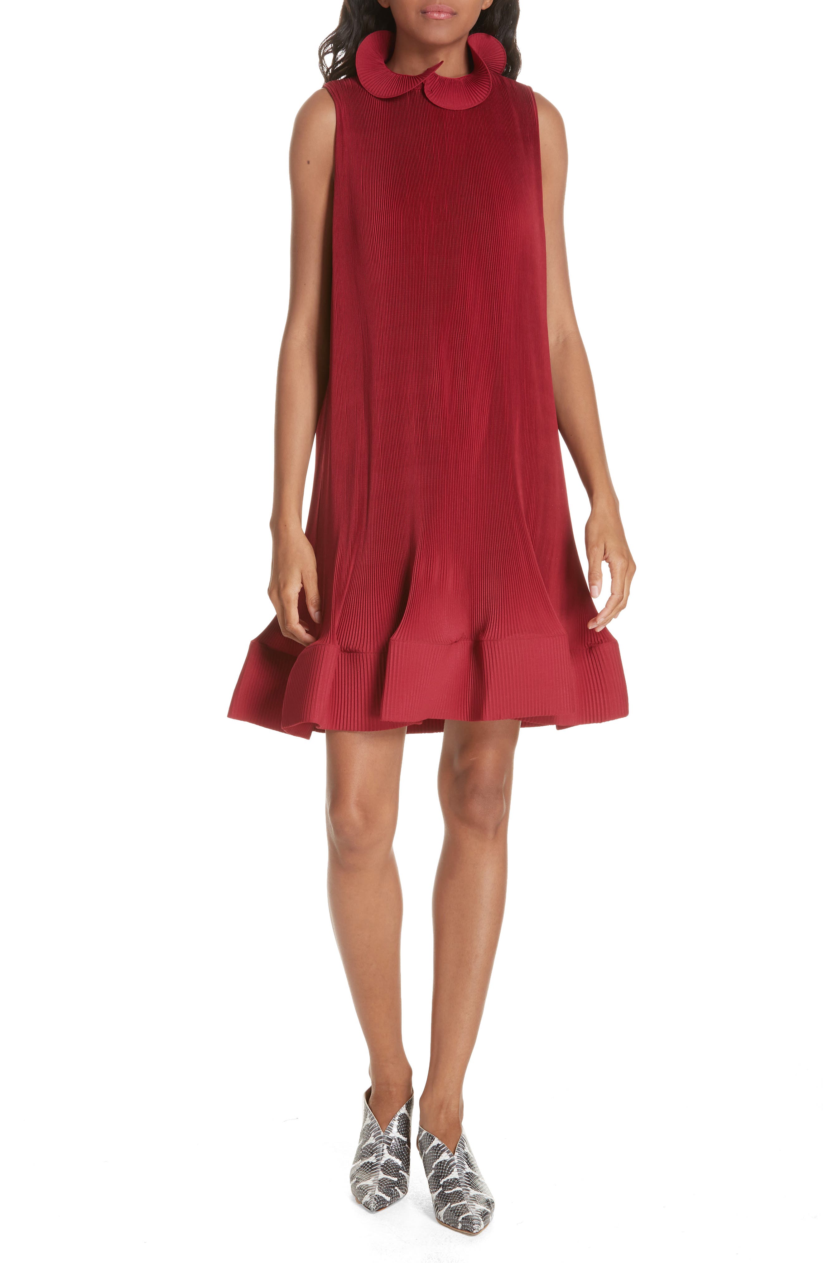 Tibi Pleating Sculptured Sleeveless Dress, Red