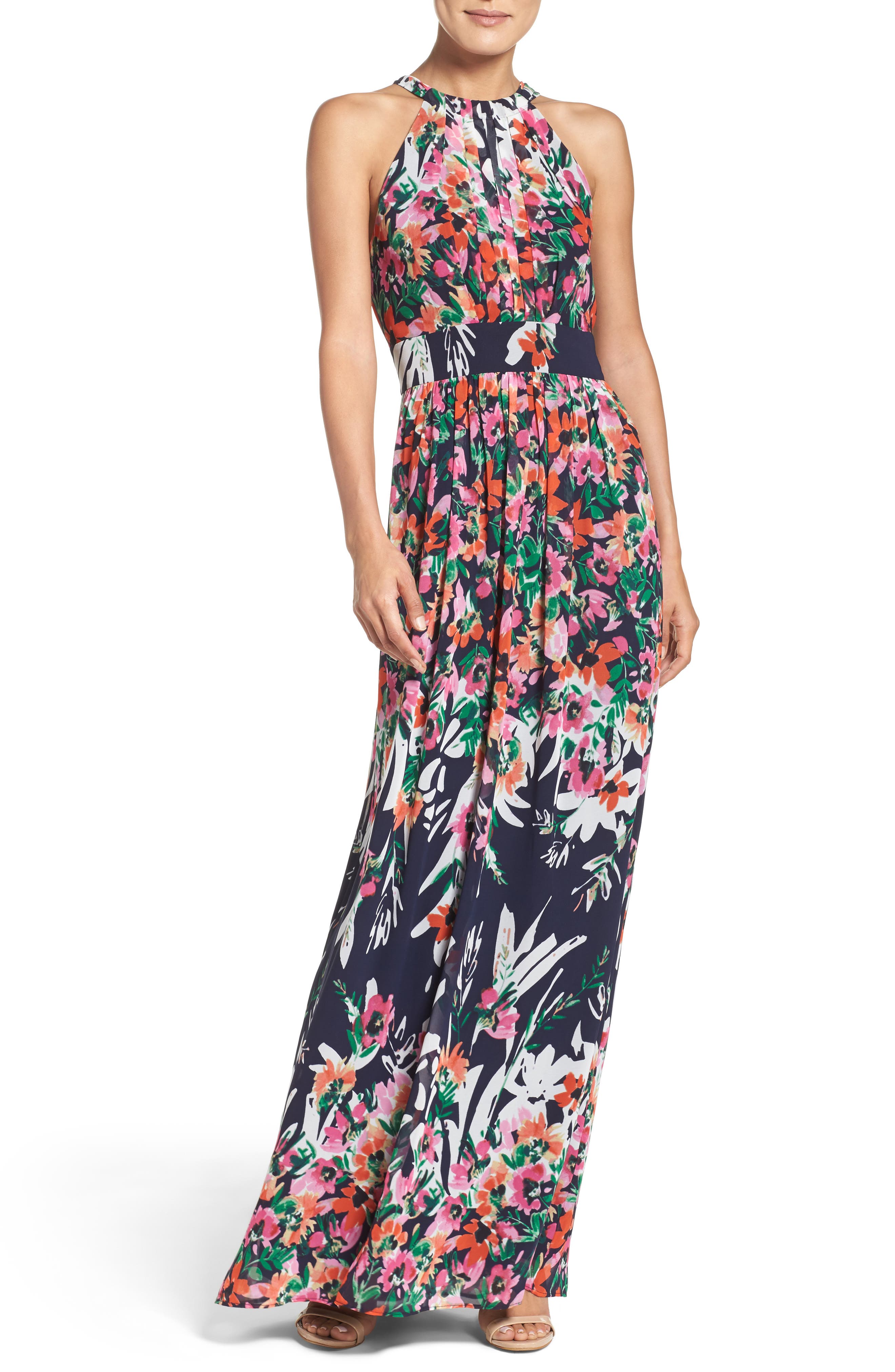 Eliza J Floral Print Chiffon Halter Maxi Dress