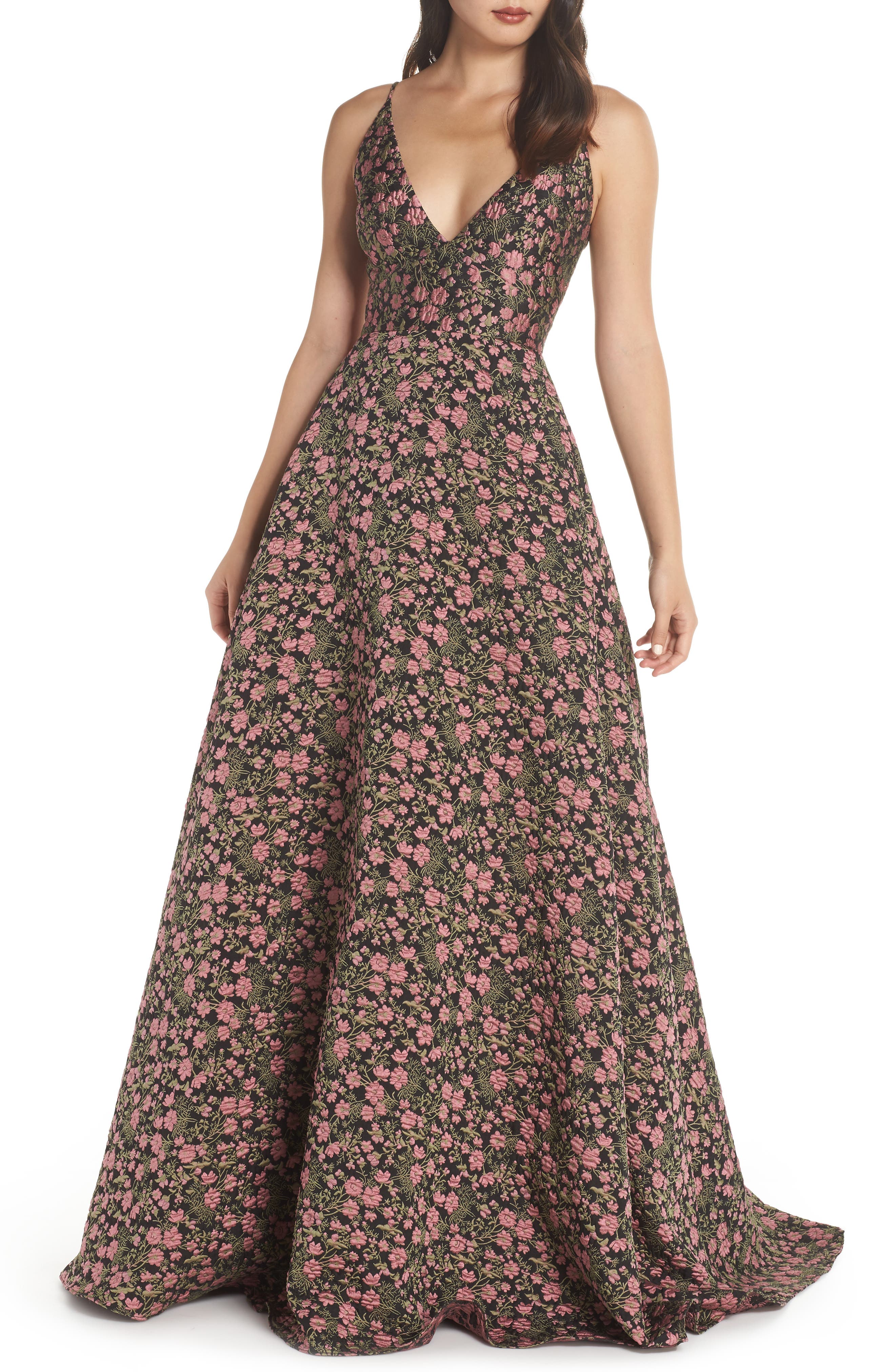Ml Monique Lhuillier V-Neck Jacquard Evening Dress, Pink