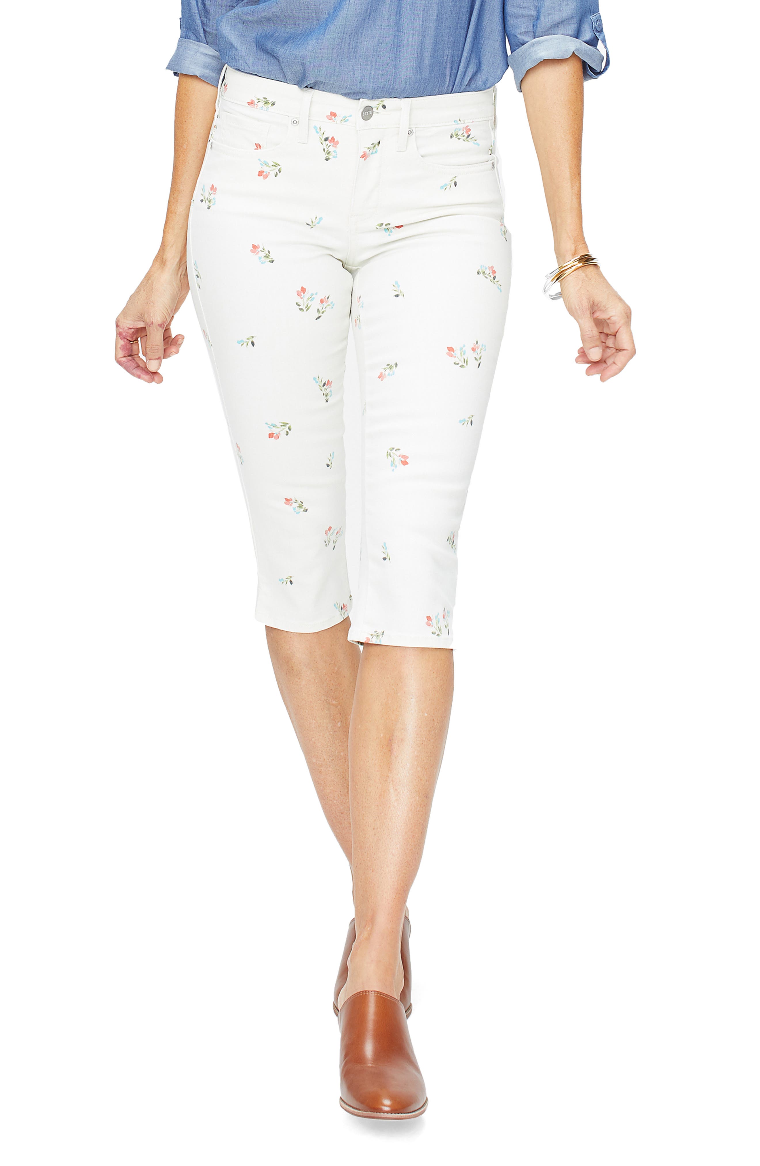 Nydj Floral Print Skinny Capri Pants, White