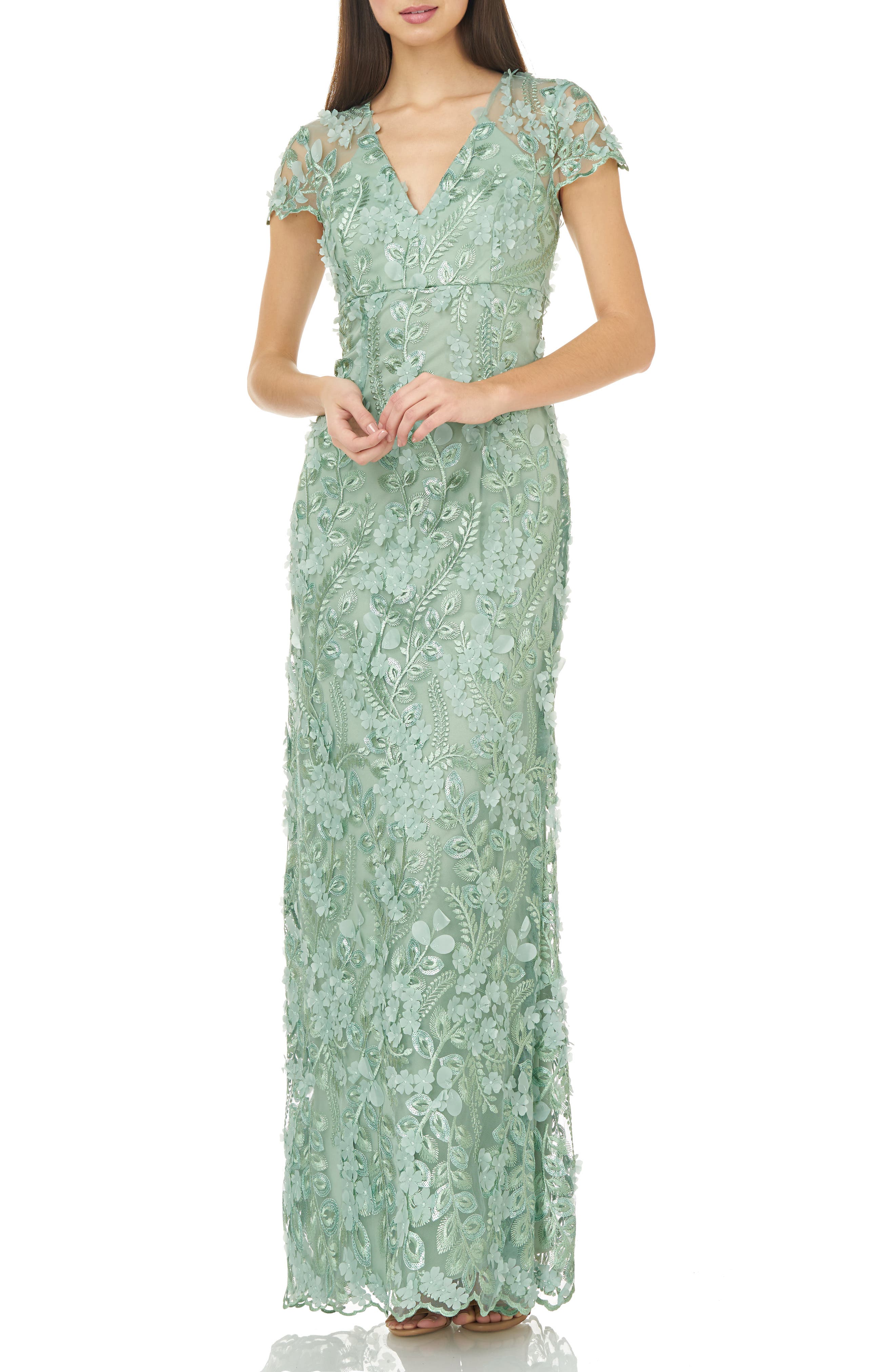 Carmen Marc Valvo Infusion Petals Embellished Gown, Green