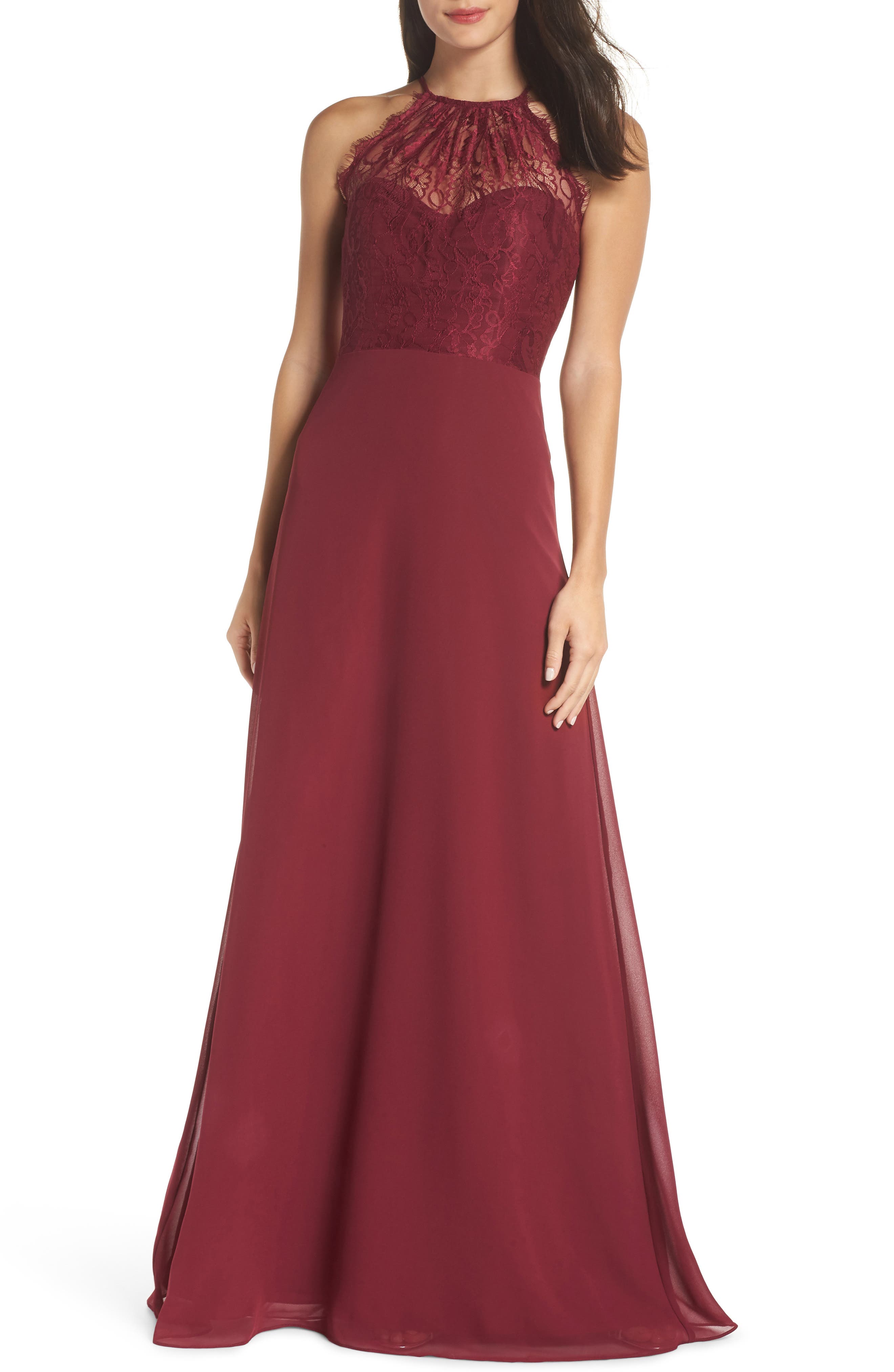 Hayley Paige Occasions Lace Halter Overlay Chiffon Gown, Burgundy