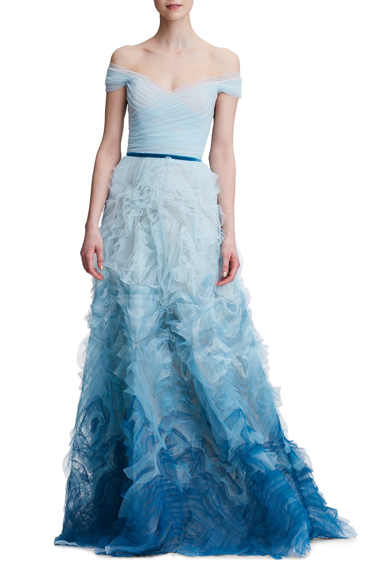 Marchesa Notte Ombre Off The Shoulder Gown, Blue