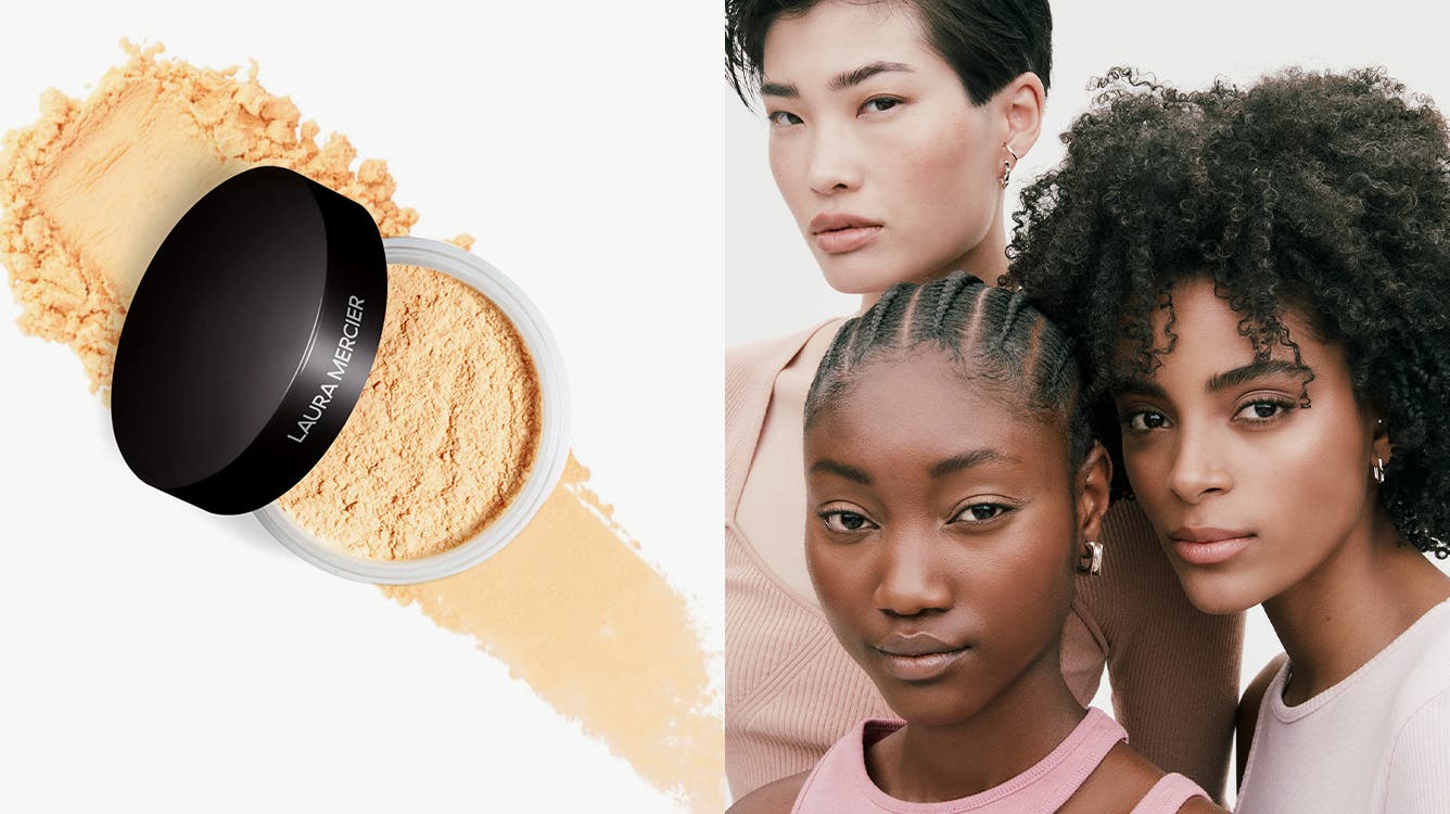An open tub of Laura Mercier Translucent Loose Setting Powder with a swatch of the product spread behind it; three women models with different complexions.