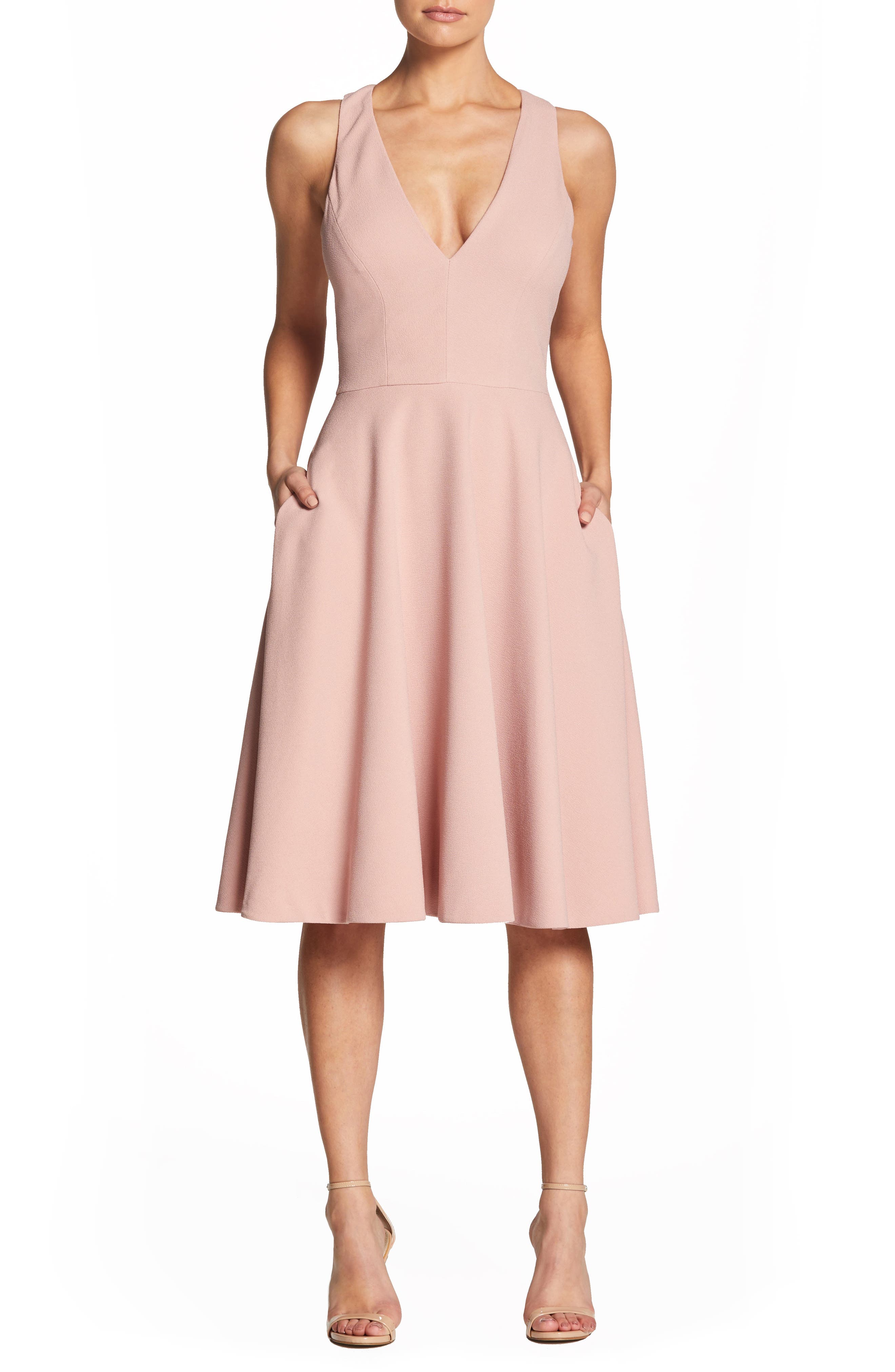 Dress The Population Catalina Tea Length Fit & Flare Dress, Pink
