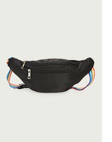 Black belt bag with rainbow strap.