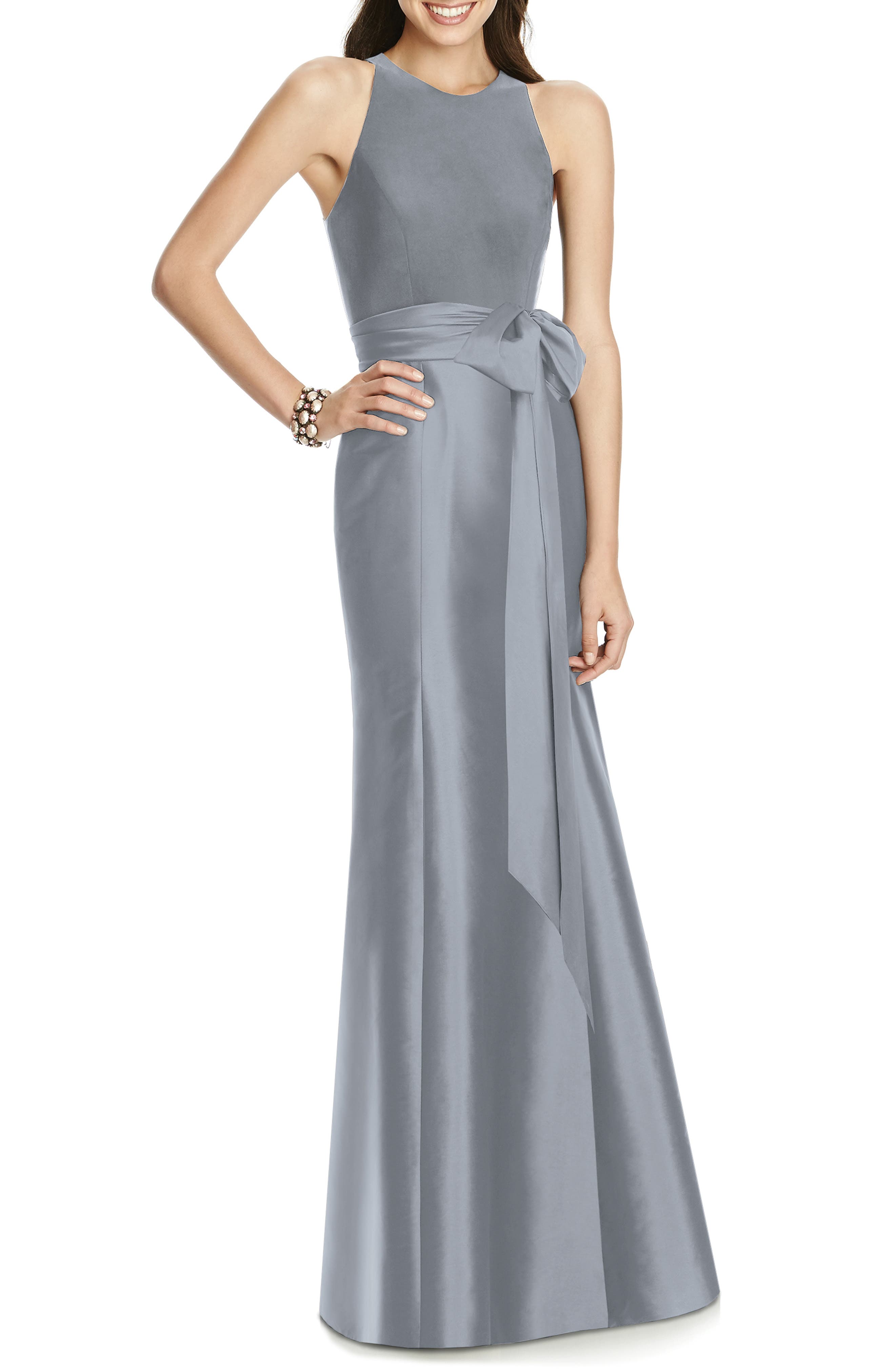 Alfred Sung Mikado Jersey Bodice Trumpet Gown, Grey