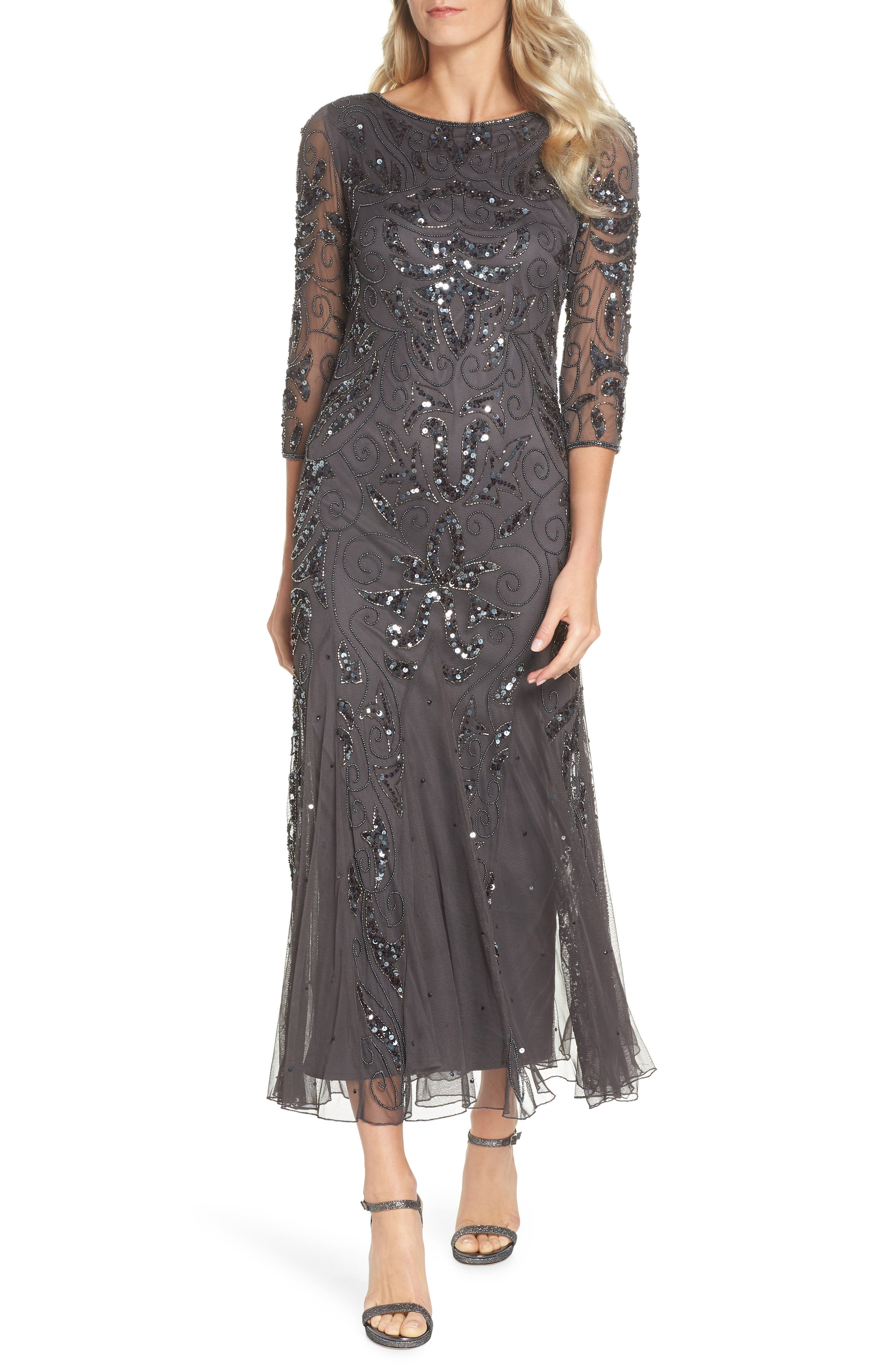 Petite Pisarro Nights Embellished Mesh Gown, Grey