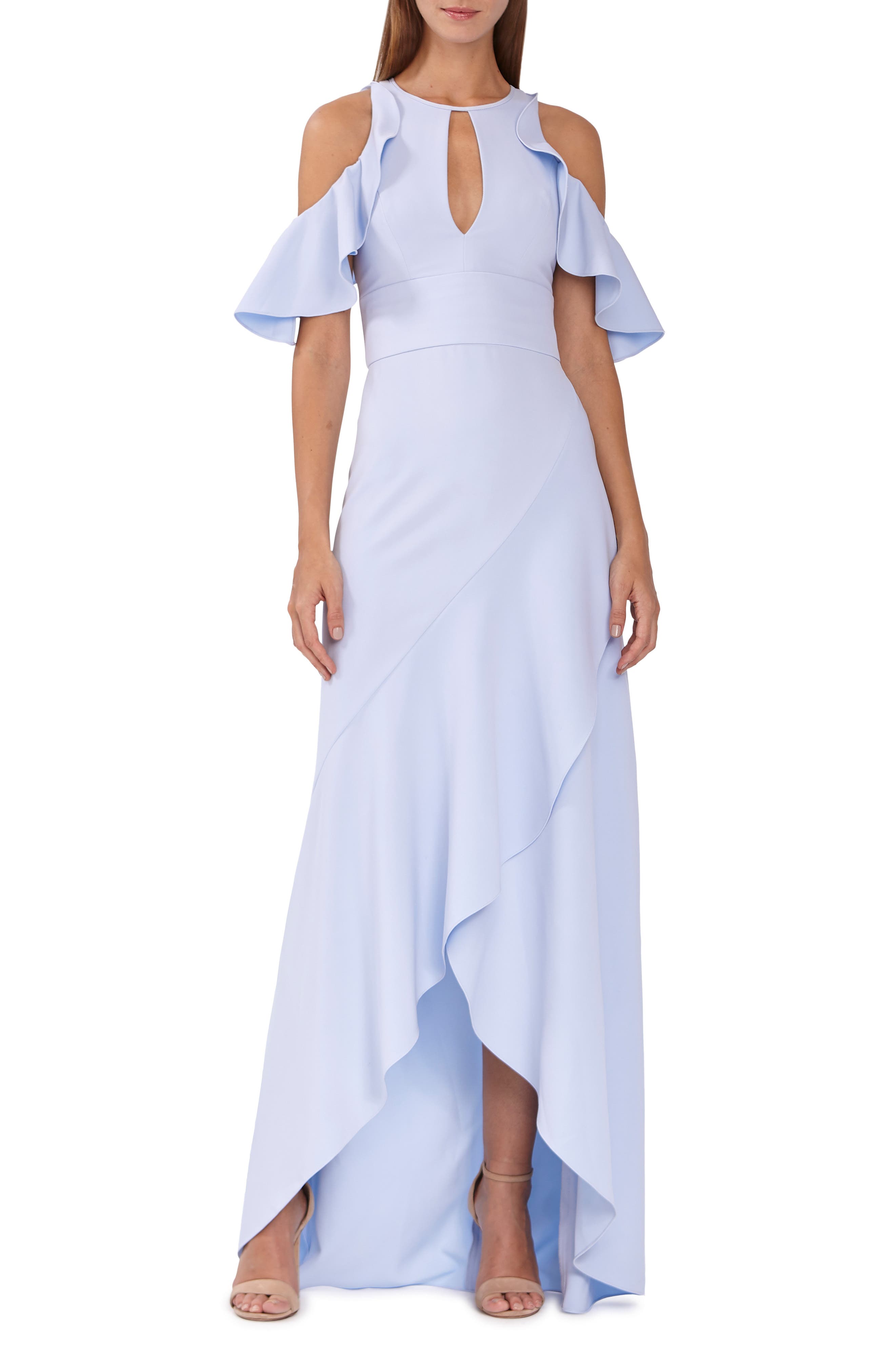 Ml Monique Lhuillier Ruffle Cold Shoulder Gown, Blue
