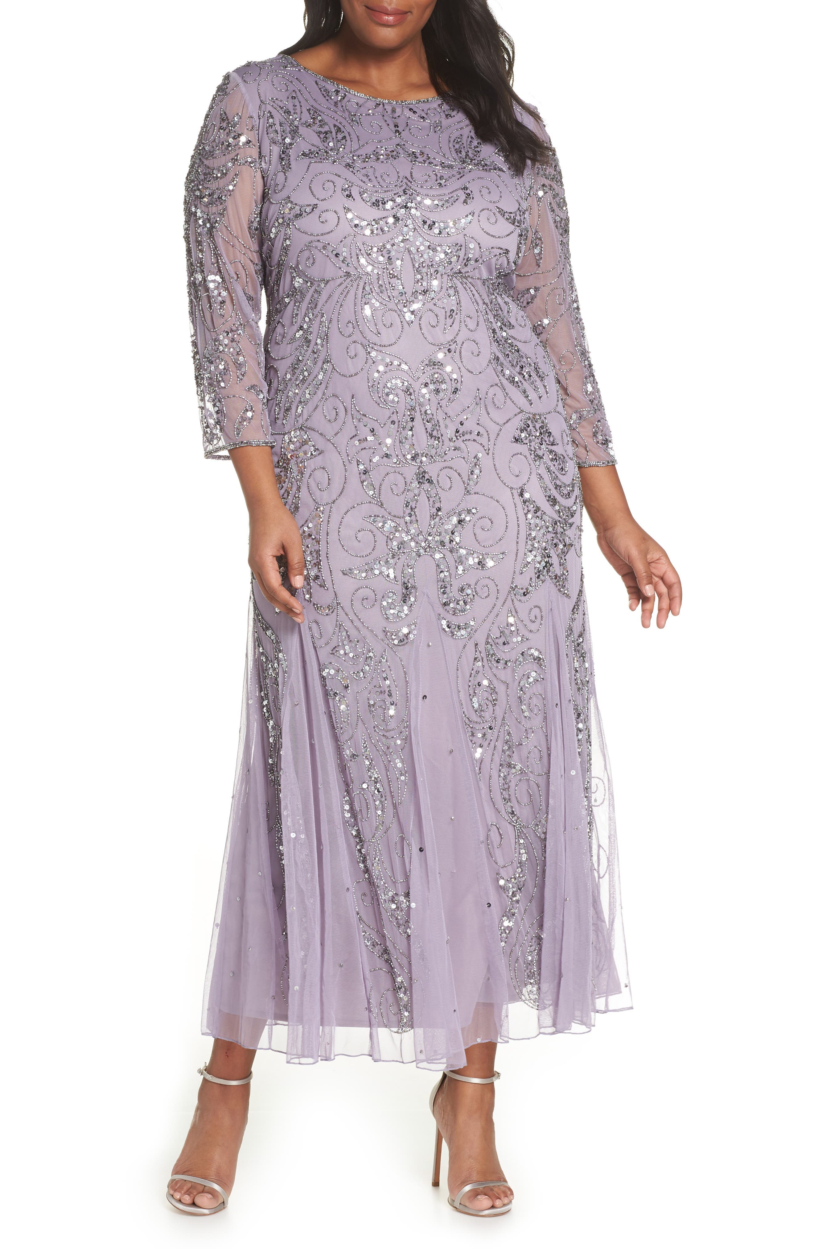 Plus Size Pisarro Nights Embellished Three Quarter Sleeve Gown, Purple