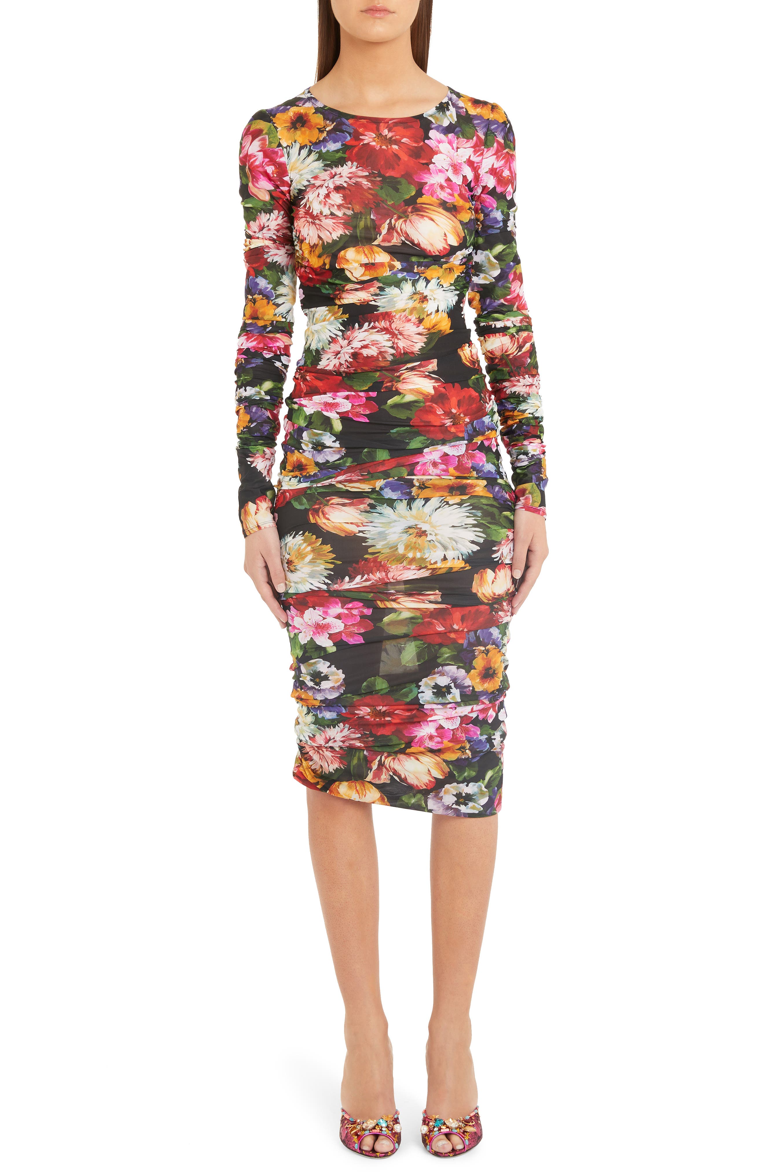 Dolce & gabbana Floral Print Midi Dress, US / 44 IT - Black