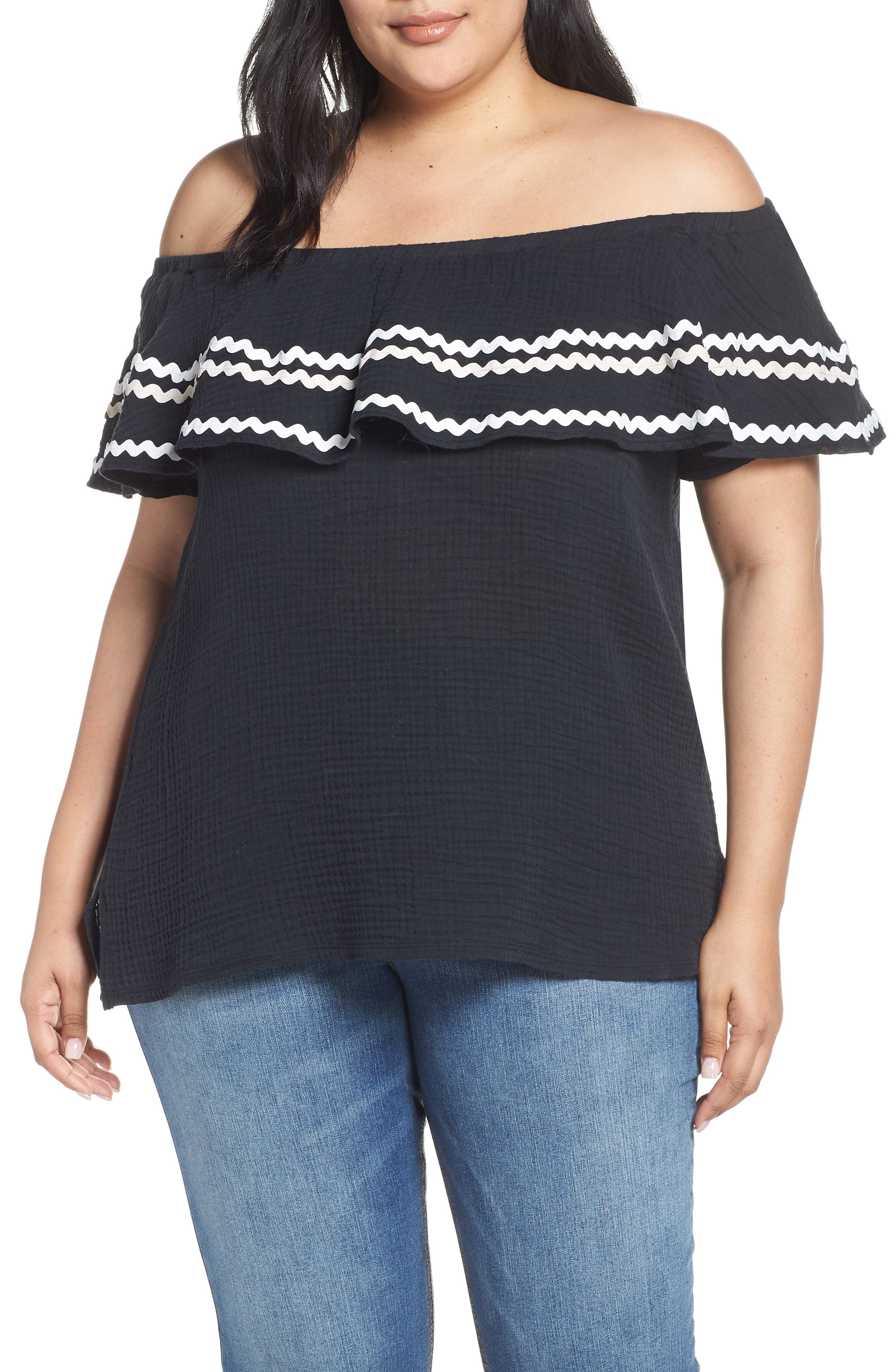 Plus Size Gibson X Hi Sugarplum! Santa Fe Rickrack Off The Shoulder Top, Black