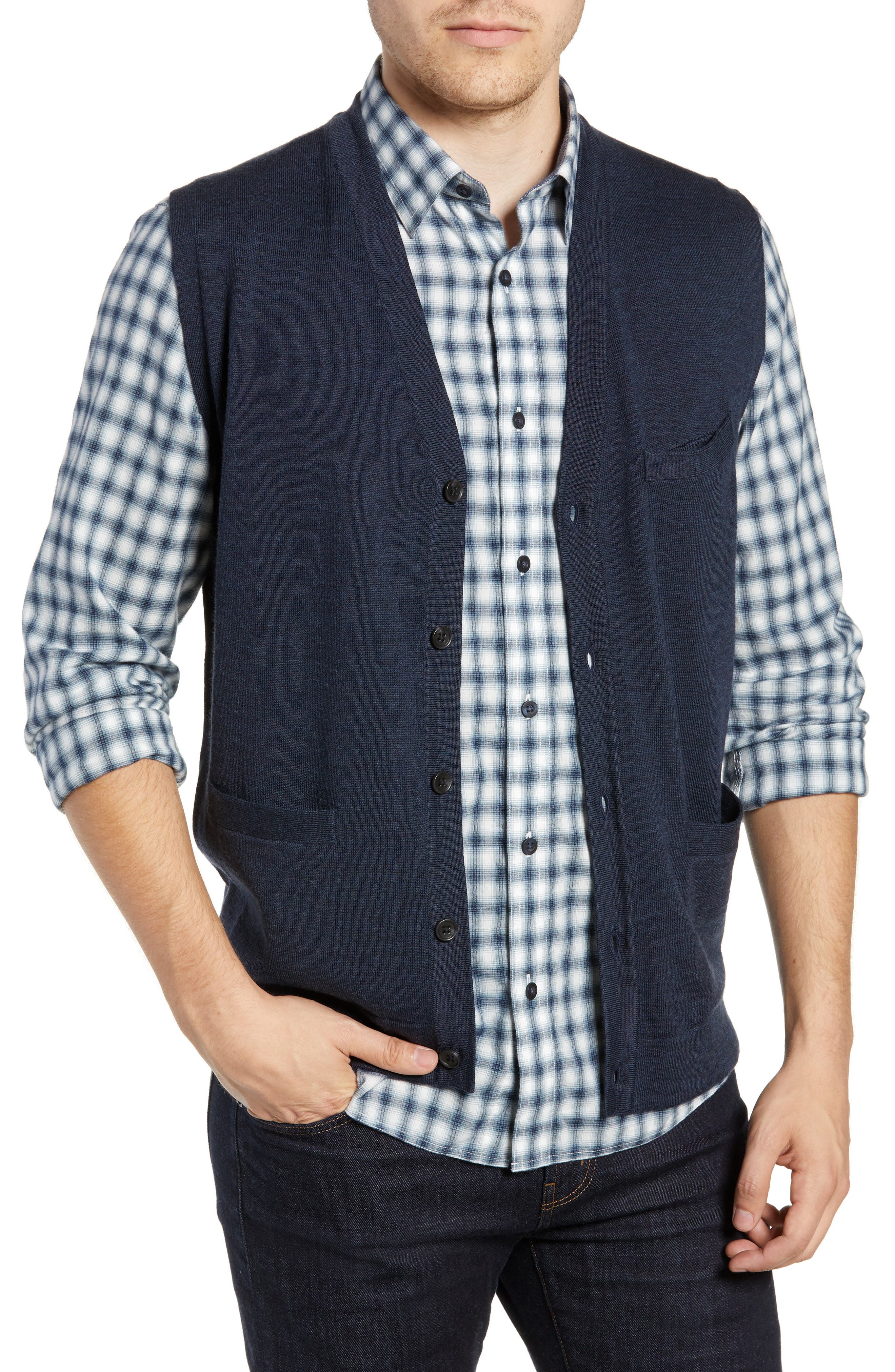 Nordstrom Shop Merino Button Front Sweater Vest, Blue