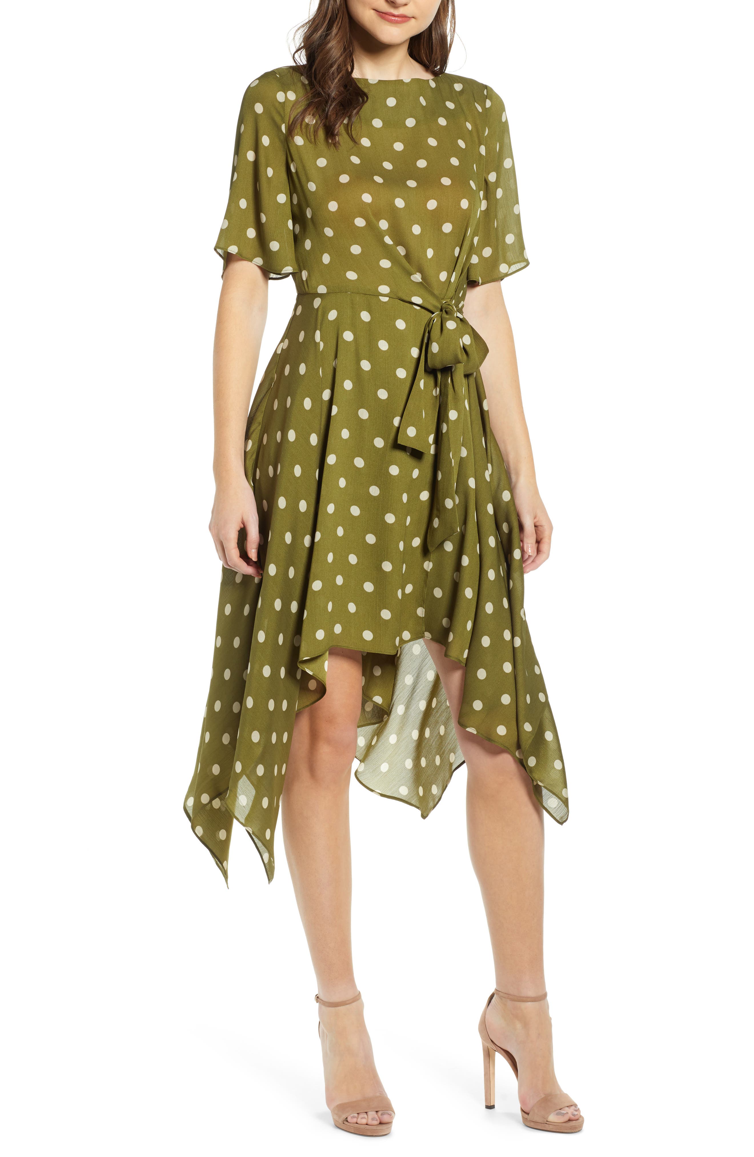 CHRISELLE LIM COLLECTION Chriselle Lim Marie Handkerchief Hem Midi Dress, Main, color, CREAM/ OLIVE