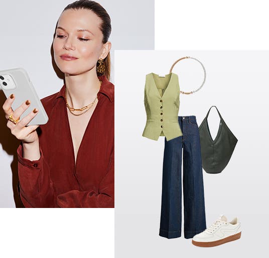 A woman holding a phone; styled outfits with accessories.