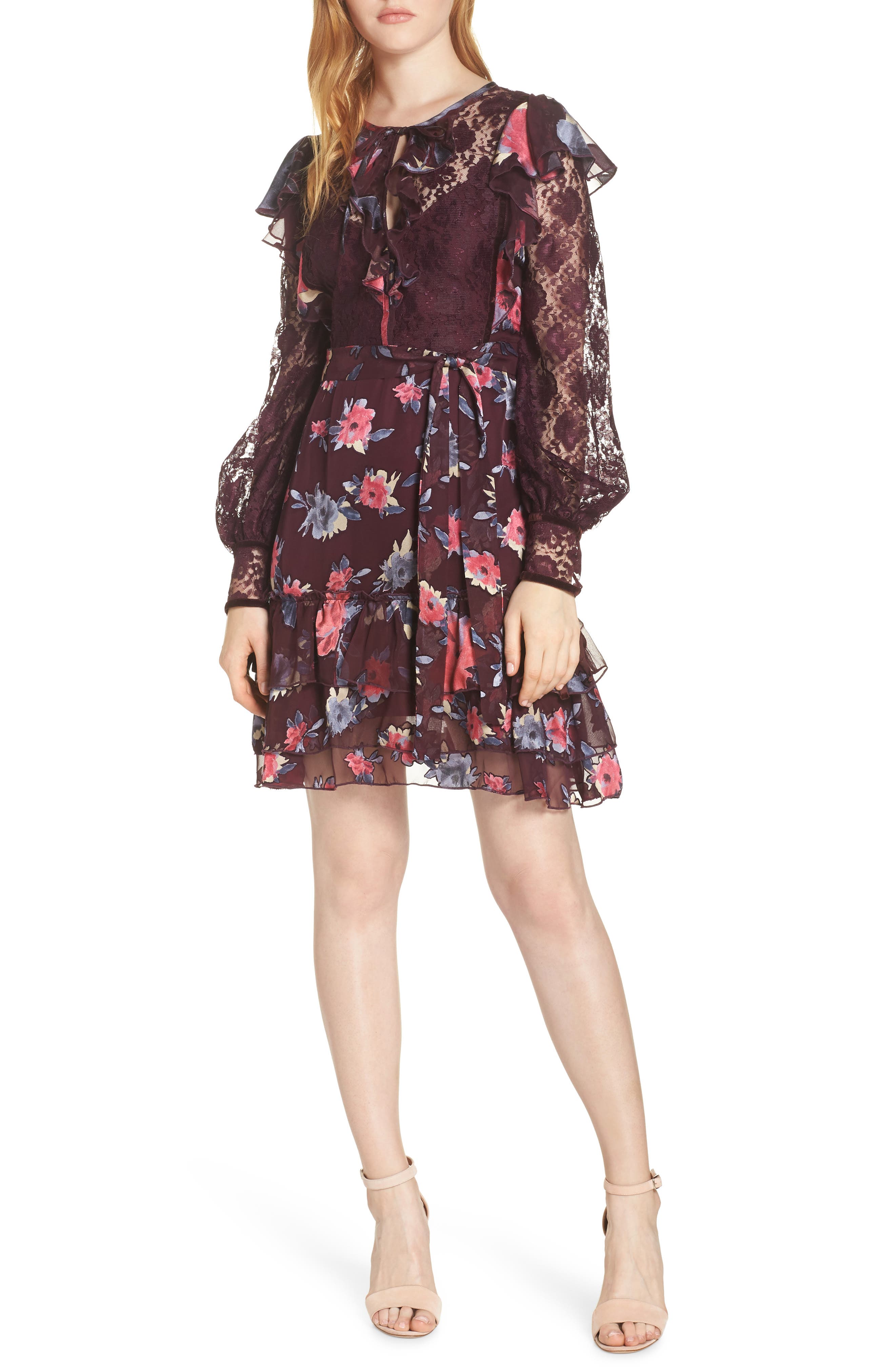 French Connection Edith Lace & Ruffle Floral Dress, Black