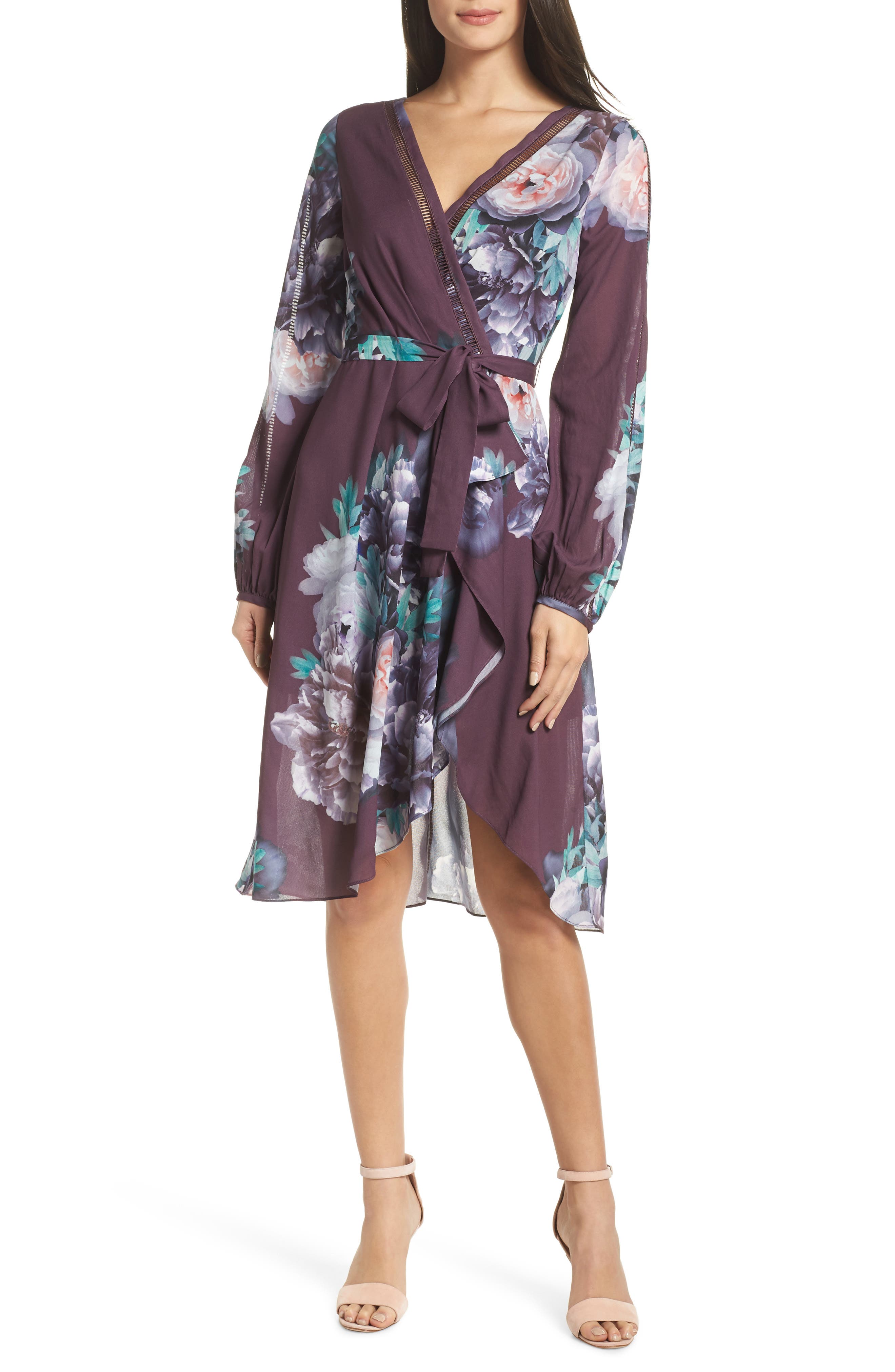 Chelsea28 Floral Print Faux Wrap Dress, Purple
