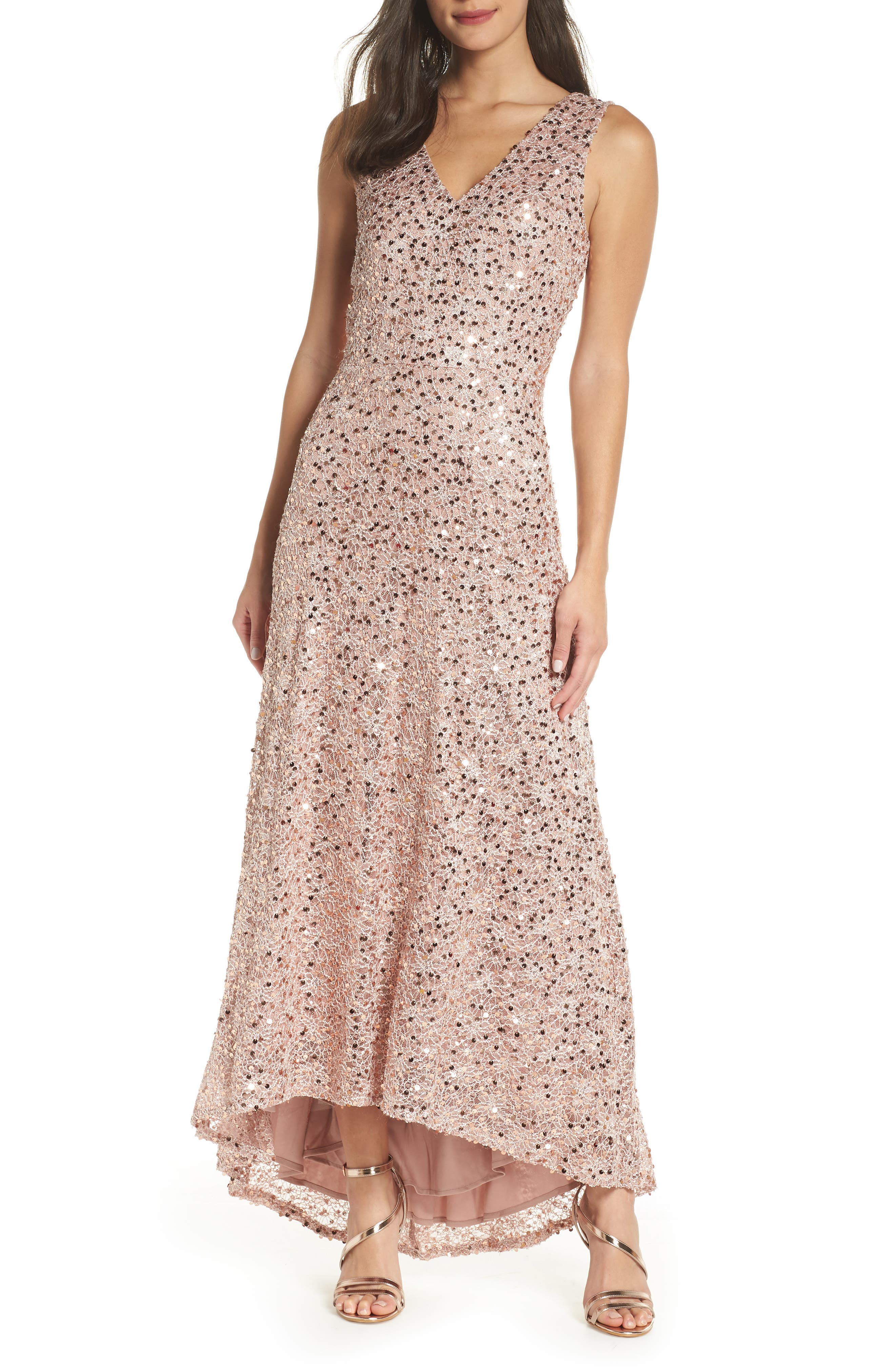 Morgan & Co. Sequin & Lace High/low Gown, Metallic