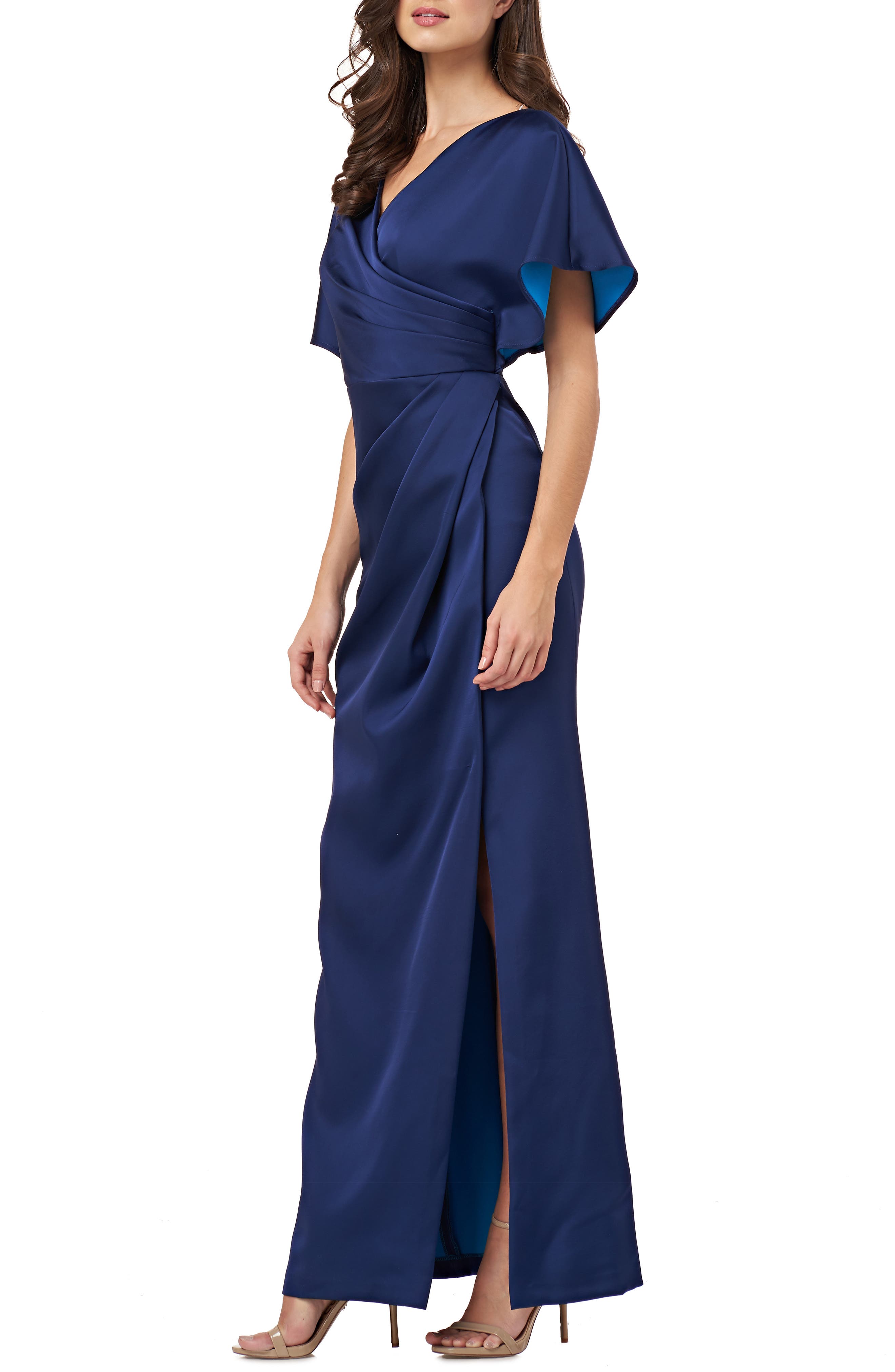 Js Collections Faux Wrap Bonded Satin Gown, Blue