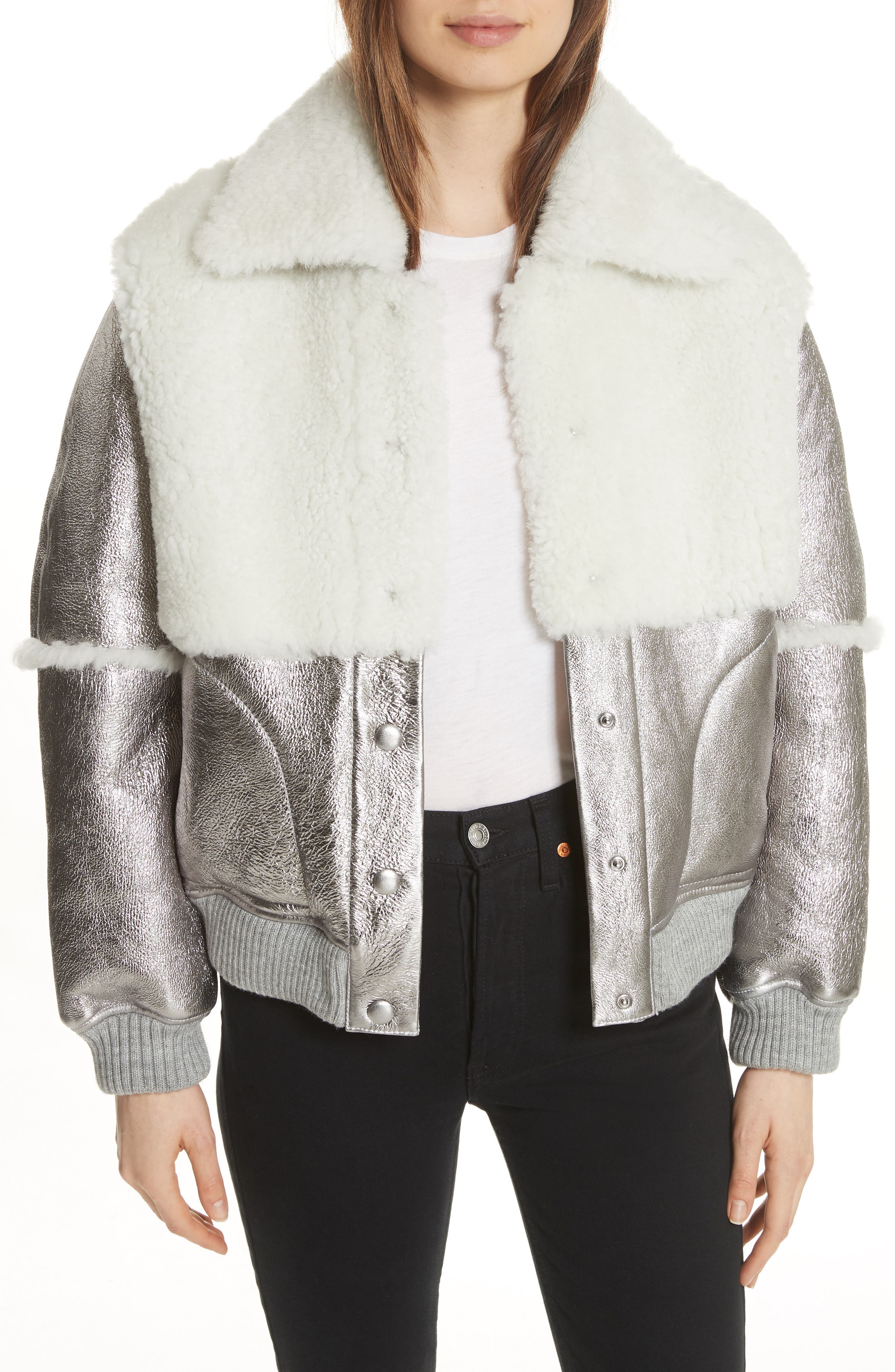 See By Chloe Genuine Shearling Metallic Bomber Jacket, Brown
